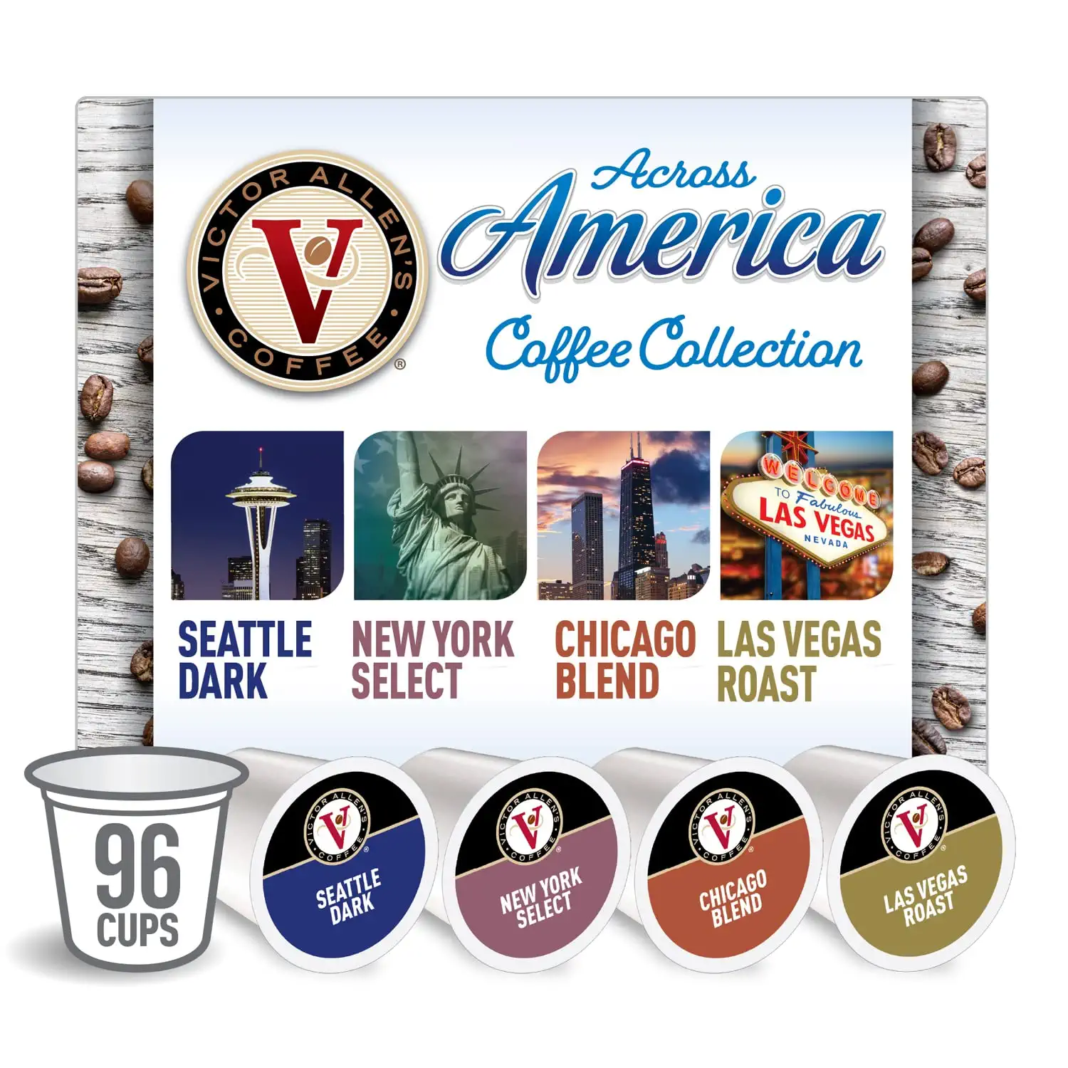 Victor Allen-s Coffee Across America Variety Pack (Seattle Dark. New York Select. Chicago Blend. Las Vegas Roast). 96 Count. Single Serve Coffee Pods for Keurig K-Cup Brewers