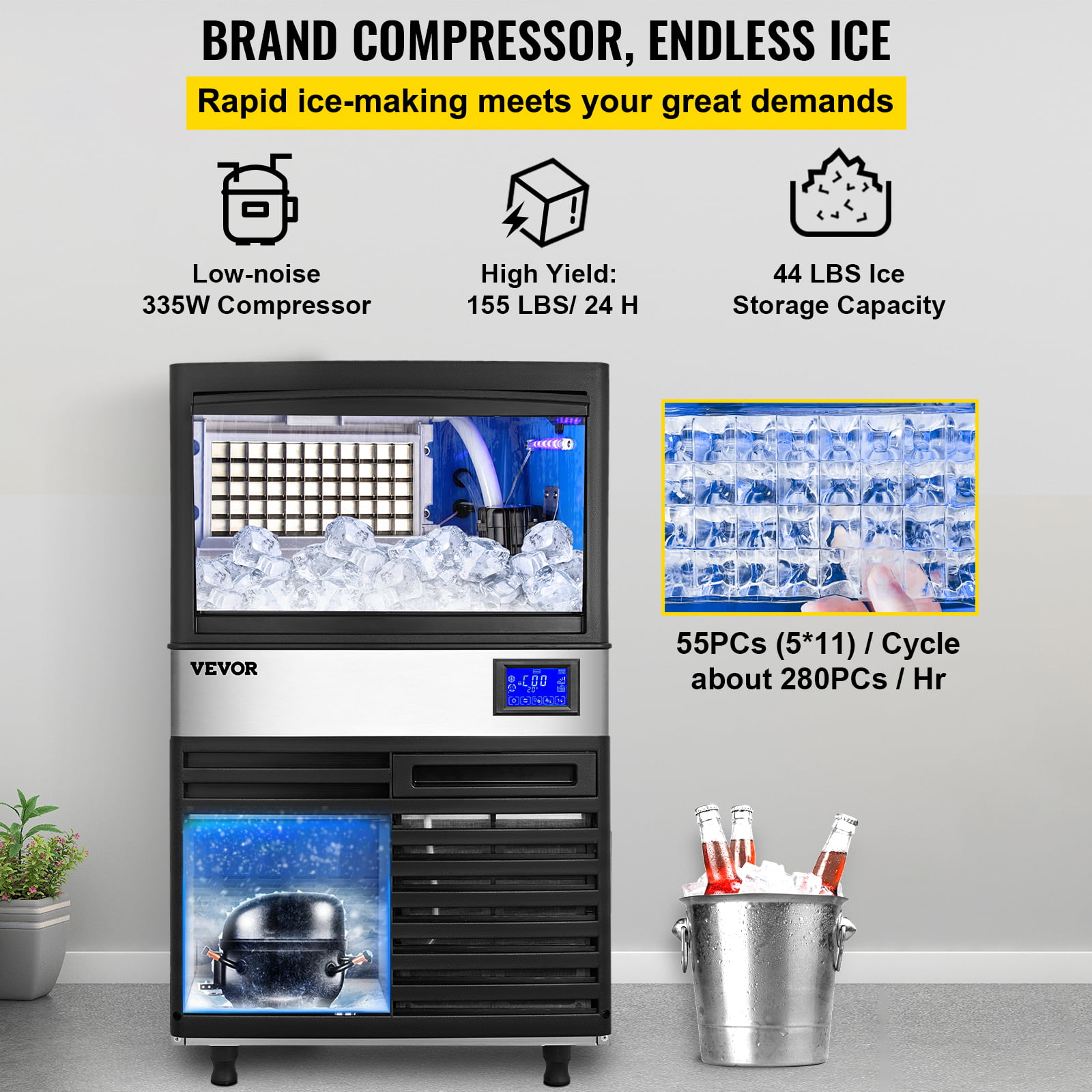 VEVORbrand Commercial Ice Maker 155Lbs/24H With 44Lbs Bin And Electric Water Drain Pump. Clear Cube. Stainless Steel Construction. Auto Operation. Include Water Filter 2 Scoops And Connection Hose