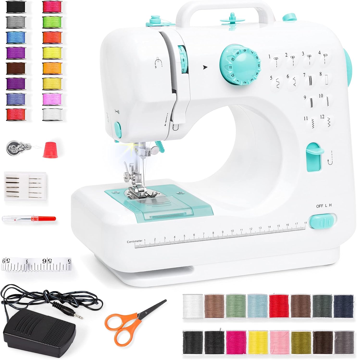 Best Choice Products Compact Sewing Machine. 42-Piece Beginners Kit. Multifunctional Portable 6V Beginner Sewing Machine w/ 12 Stitch Patterns. Light. Foot Pedal. Storage Drawer - Teal/White