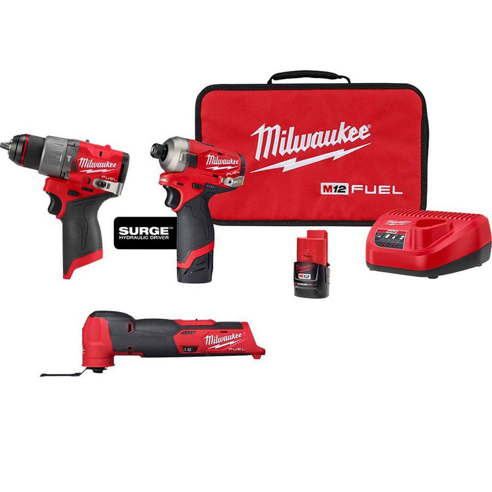 Milwaukee 2551-22-2526-20-3404-20 M12 FUEL SURGE 12V Lithium-Ion Brushless Cordless 1/4 in. Impact Driver Compact Kit Multi-Tool & 1/2 in. Hammer Drill