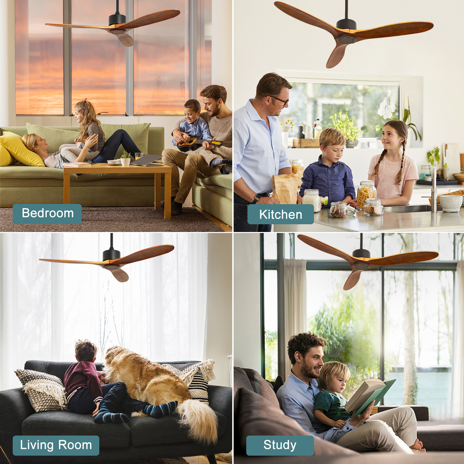 DingLiLighting 52-inch Wood Ceiling Fan with Remote Control. Indoor 3-Blade Modern Propeller Ceiling Mount Fan. with Adjustable Speeds. Timing. No light