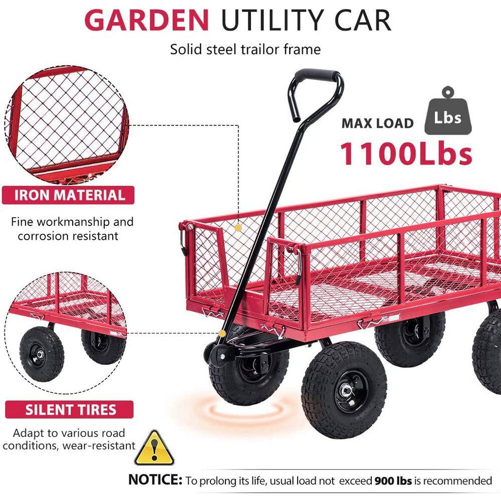 VIVOHOME X002HMDV7J 1100 lbs. Capacity Mesh Steel Garden Cart in Red with Removable Sides and Wheels