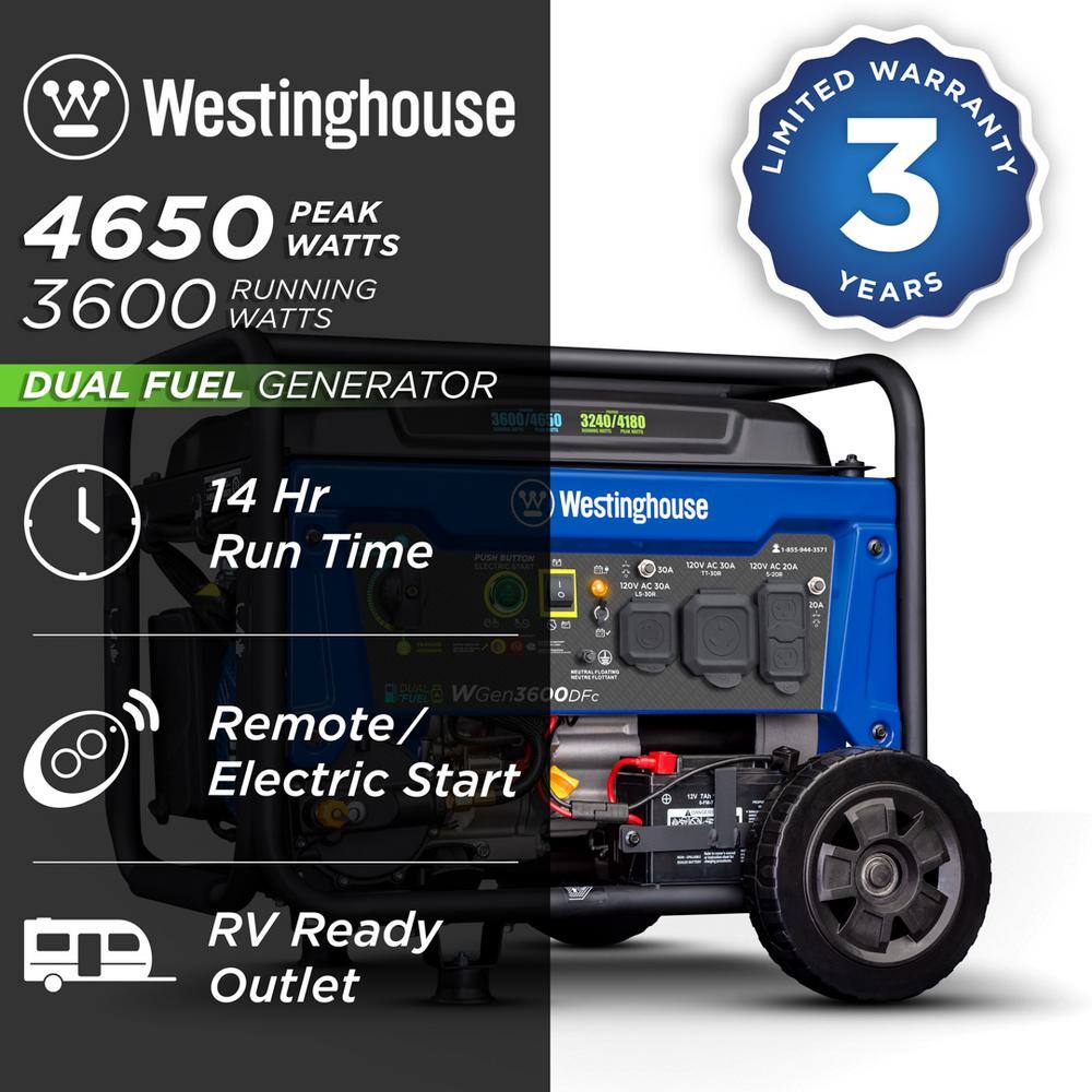 Westinghouse WGen3600DFc 4.650/3.600-Watt Dual Fuel Gas