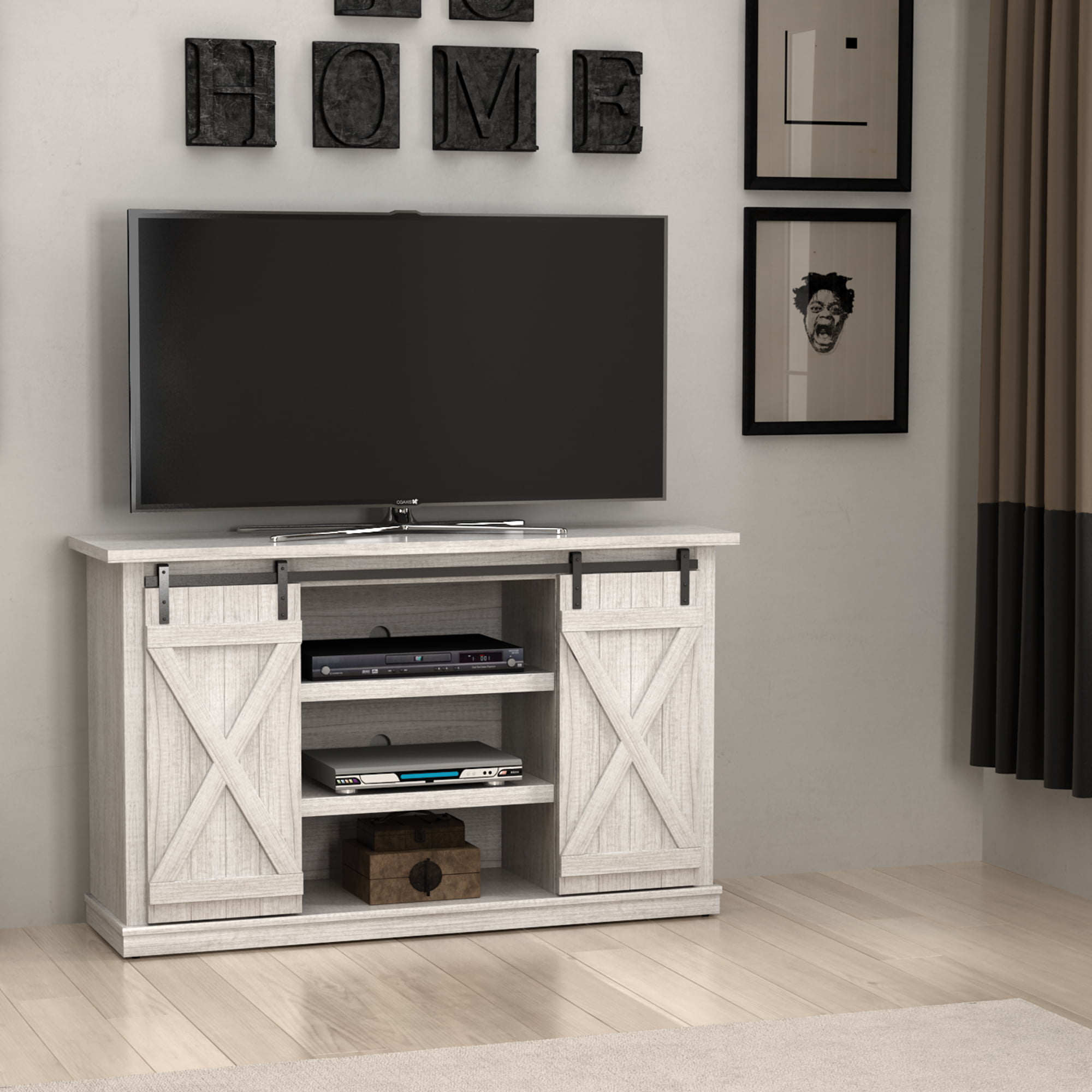 Twin Star Home Terryville Barn Door TV Stand for TVs up to 60″. White Oak