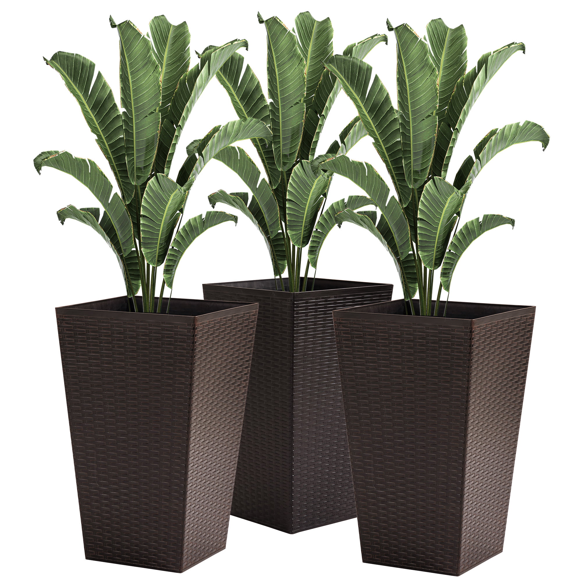 Outsunny Set of 3 Tall Planters. Outdoor & Indoor Flower Pot Set for Front Door. Entryway. Patio and Deck. Brown