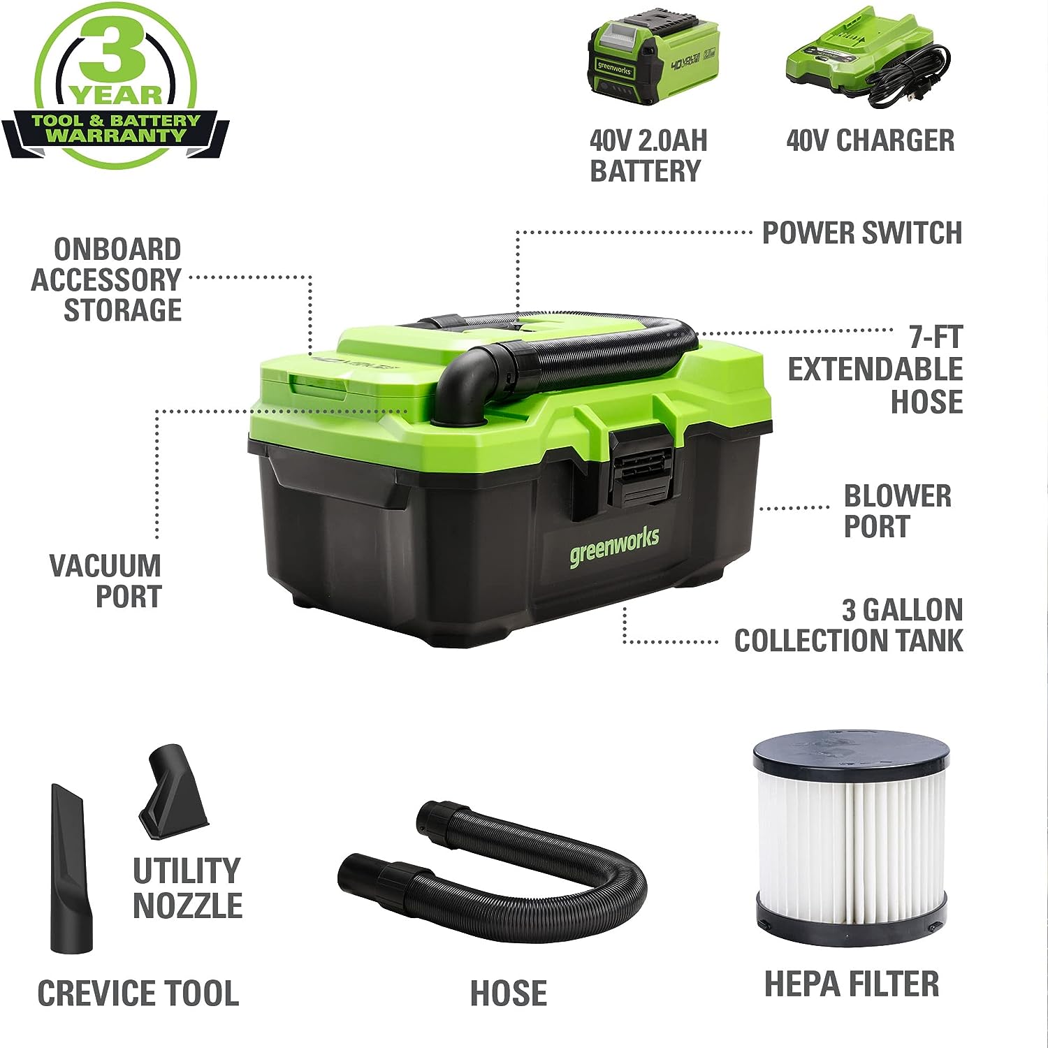 Greenworks 40V (3 Gallon) Cordless Wet / Dry Shop Vacuum + Accessories. 2.0Ah Battery and Charger Included