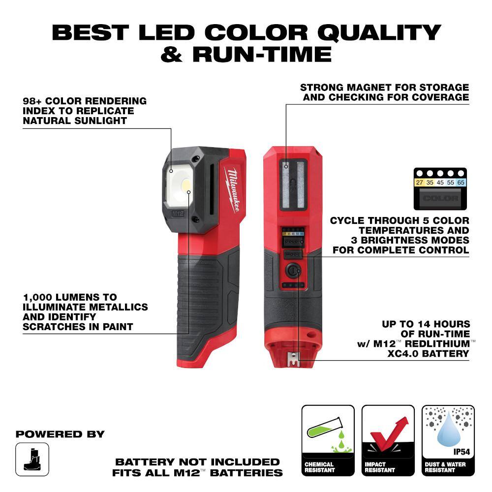 Milwaukee 2127-20 M12 12-Volt Lithium-Ion Cordless LED Paint and Detailing Color Match Light