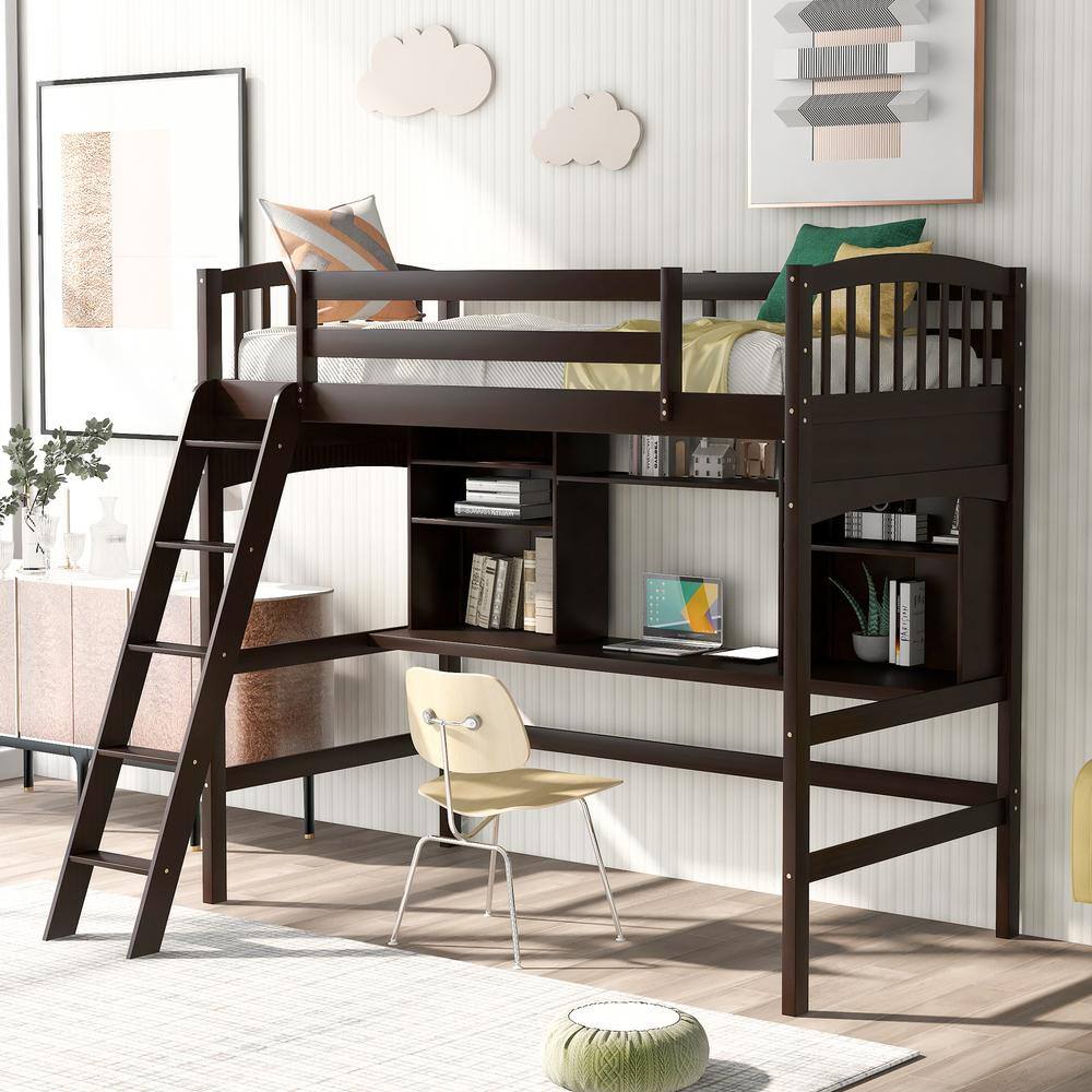 Harper & Bright Designs  Espresso Wood Twin Size Loft Bed with Storage Shelves and Desk