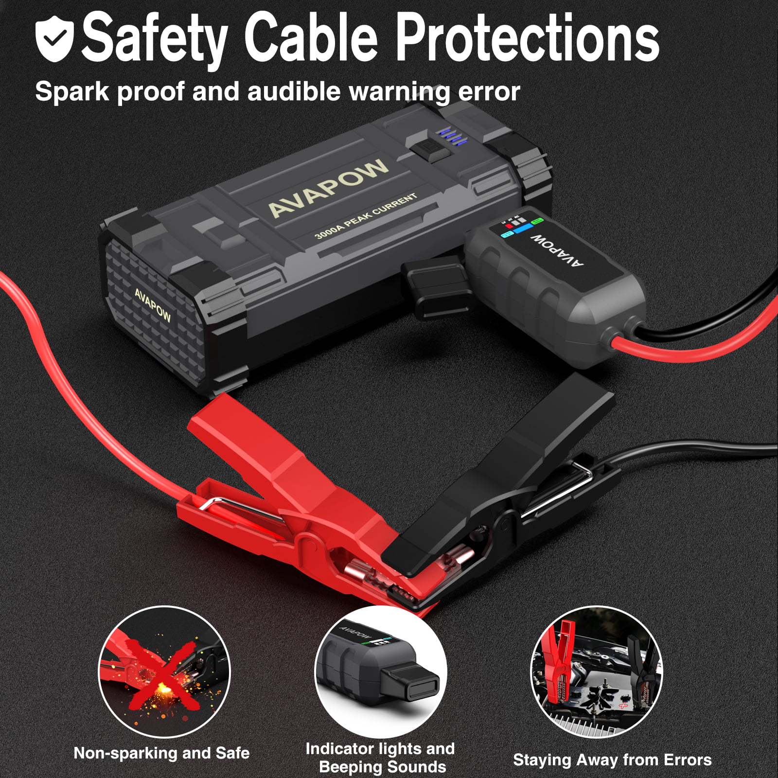AVAPOW Car Battery Jump Starter 3000A Peak.Portable Jumpstart Starters for Up to 8L Gas 8L Diesel Engine with Booster Function.12V Lithium Jump Charger Pack Box with Smart Safety Clamp