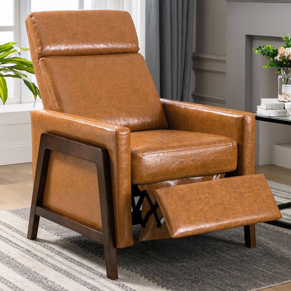 URTR  Brown Wood-Framed PU Leather Recliner Chair Adjustable Home Theater Seating with Thick Seat Cushion and Backrest