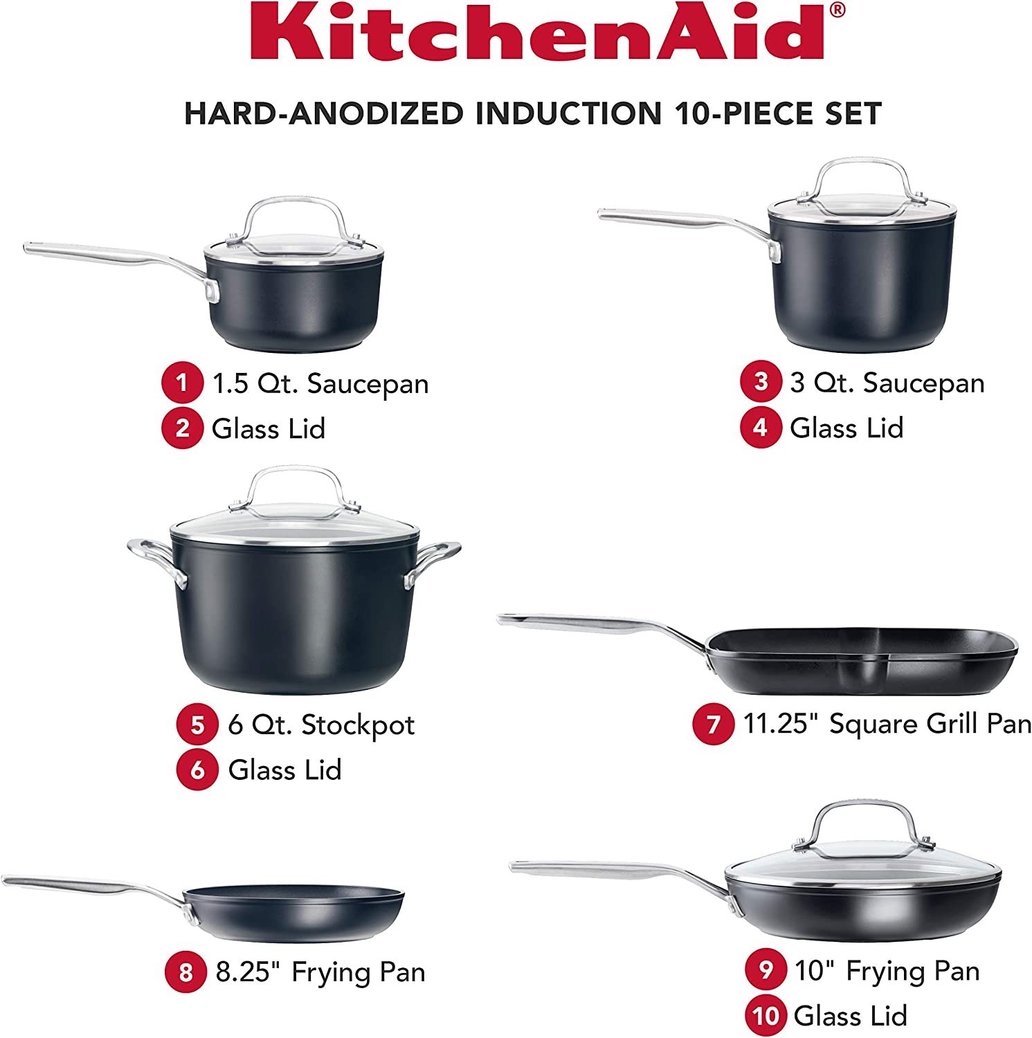 KitchenAid Hard Anodized Induction Nonstick Cookware Pots and Pans Set. 10 Piece. Matte Black