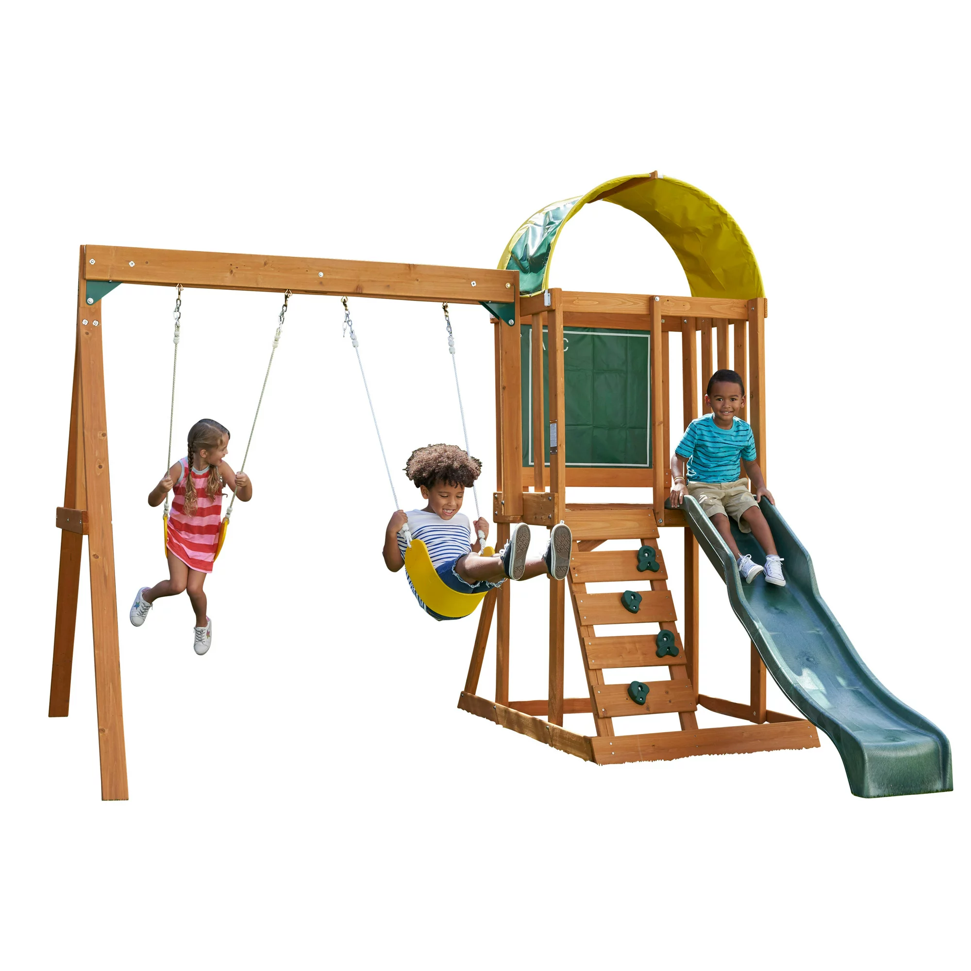 KidKraft Ainsley Wooden Outdoor Swing Set with Slide. Chalk Wall. Canopy and Rock Wall
