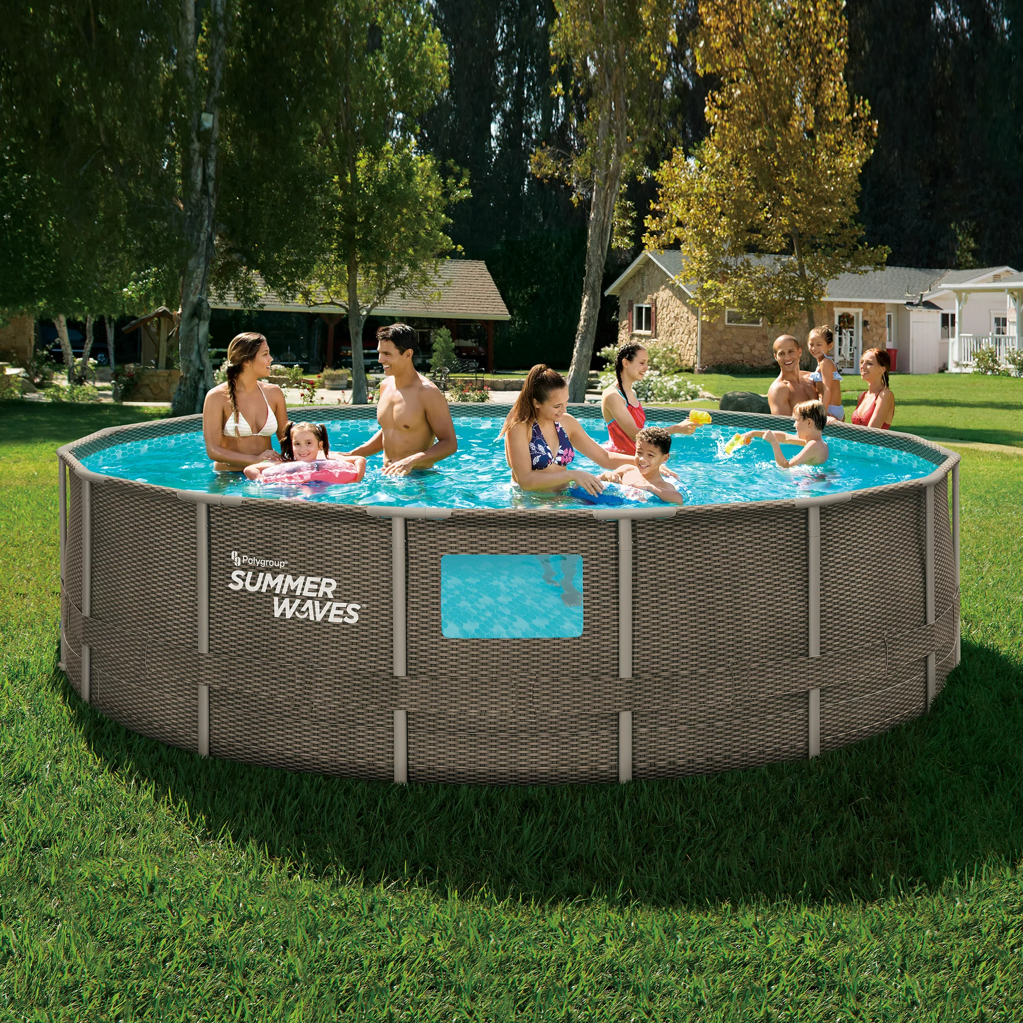 Summer Waves 16 ft Dark Double Rattan Crystal Vue Elite Frame Pool. Round. Ages 6+. Unisex
