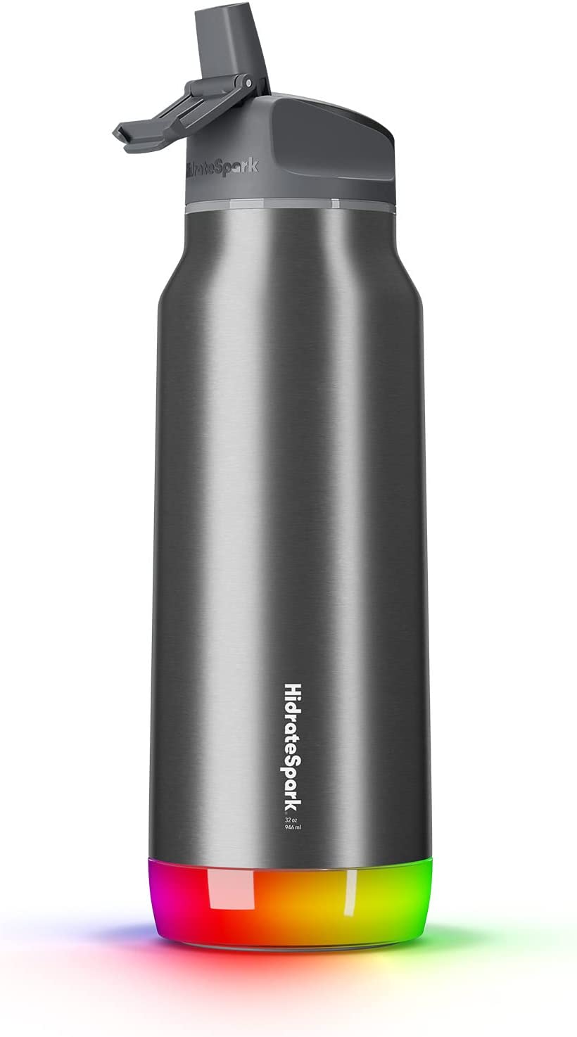 HidrateSpark PRO 32oz Smart Water Bottle Stainless Steel – Tracks Water Intake & Glows to Remind You to Stay Hydrated . Straw Lid. Brushed Steel