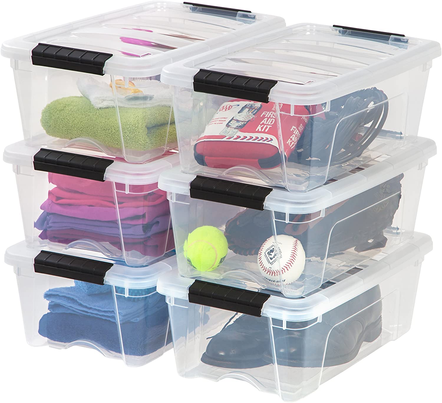 IRIS USA 12 Qt. Plastic Storage Bin Tote Organizing Container. 6 Pack. clear with Black Buckle