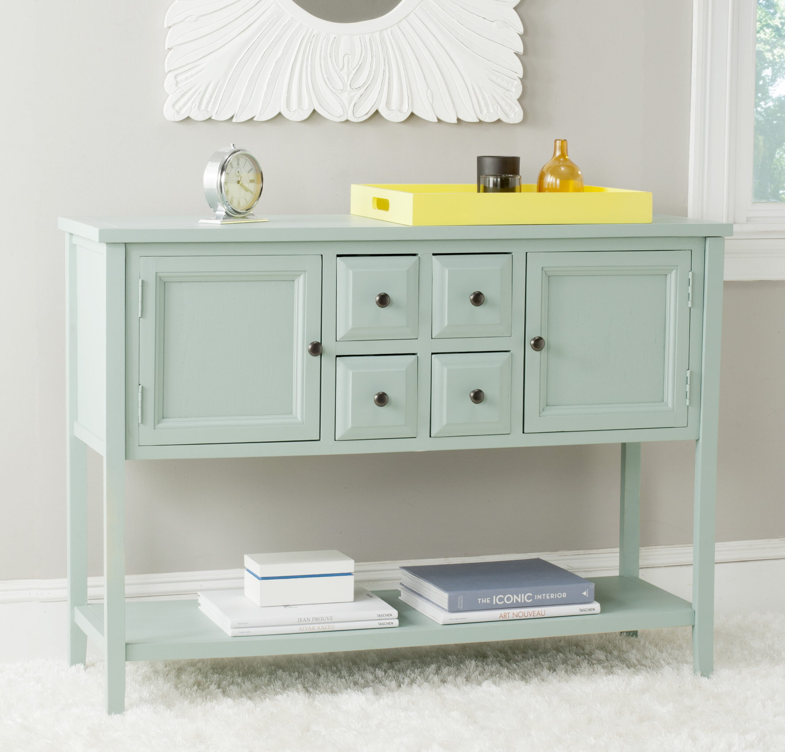 Safavieh Charlotte Rustic Storage Sideboard w/ 2 Cabinets & 4 Drawers. Aqua Smoke