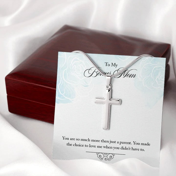 To My Bonus Mom – White Gold Cross Necklace. Mother's Day Gifts