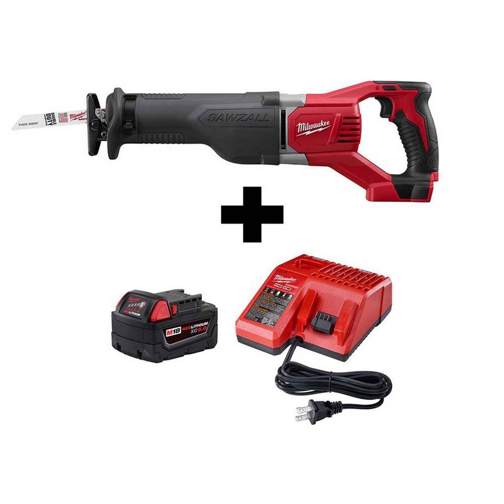 Milwaukee 2621-20-48-59-1850 M18 18V Lithium-Ion Cordless SAWZALL Reciprocating Saw with M18 Starter Kit (1) 5.0Ah Battery and Charger