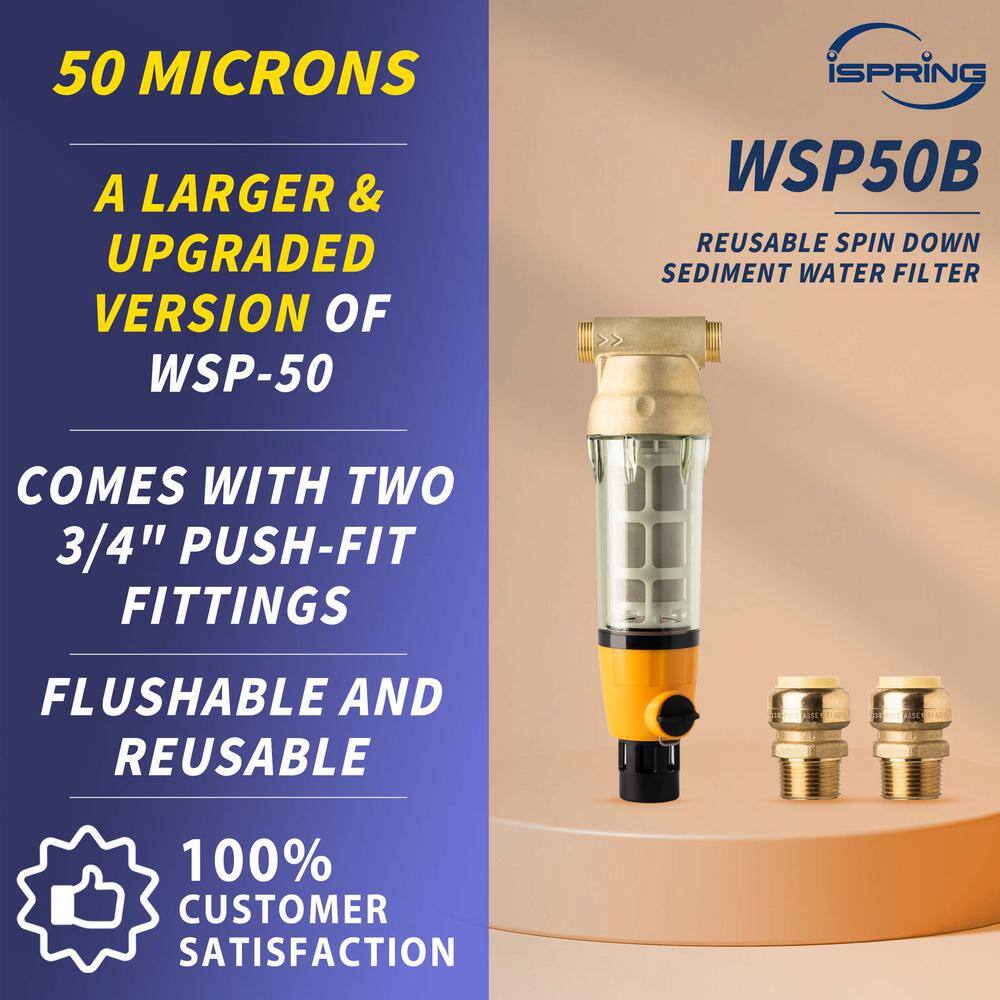 ISPRING WSP50B WSP50B Large Whole House Spin-down Sediment Water Filtration System w/ Scraper and Brass Top Clear Housing. 50 Micron
