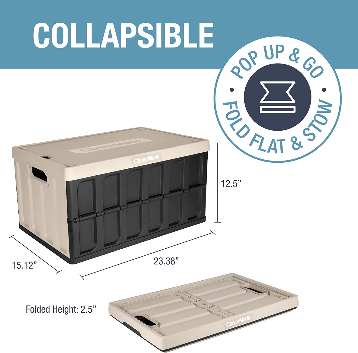 CleverMade 62L Collapsible Storage Bins with Lids - Folding Plastic Stackable Utility Crates. Solid Wall 3 Pack. Tan
