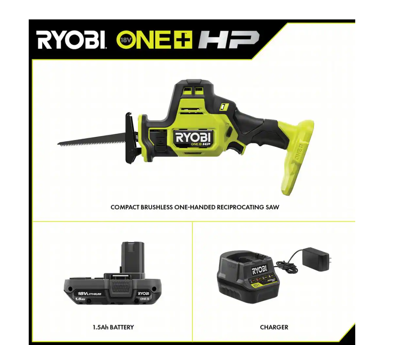 RYOBI PSBRS01K ONE+ HP 18V Brushless Cordless Compact One-Handed Reciprocating Saw Kit with 1.5 Ah Battery and 18V Charger