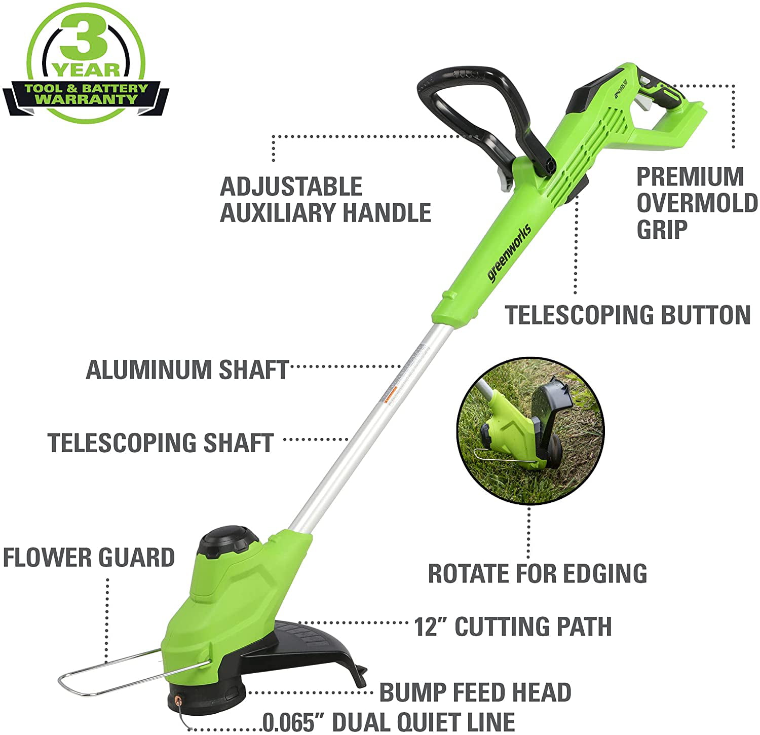 Greenworks 24V 12-inch TORQDRIVE String Trimmer with 2Ah USB Battery and Charger. 2104502AZ