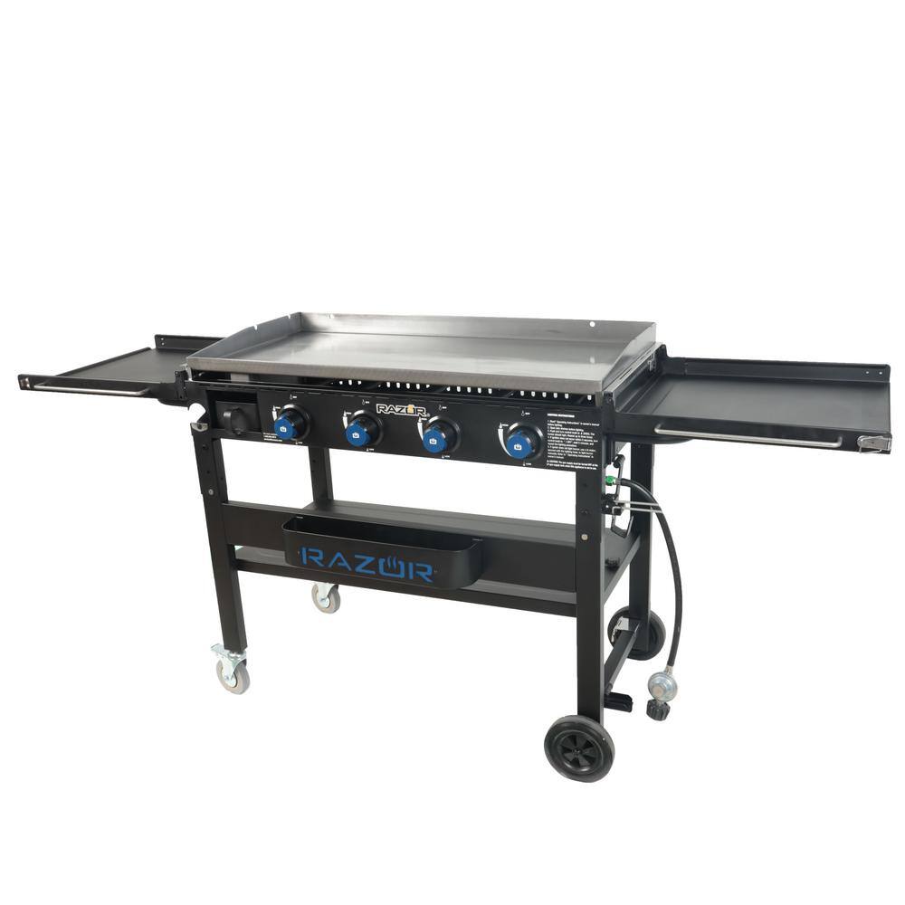 Razor GGC2241M-A 37 in. 4-Burner Propane Gas Griddle Grill with Foldable Shelves in Black with Condiment Tray and Wind Guards included