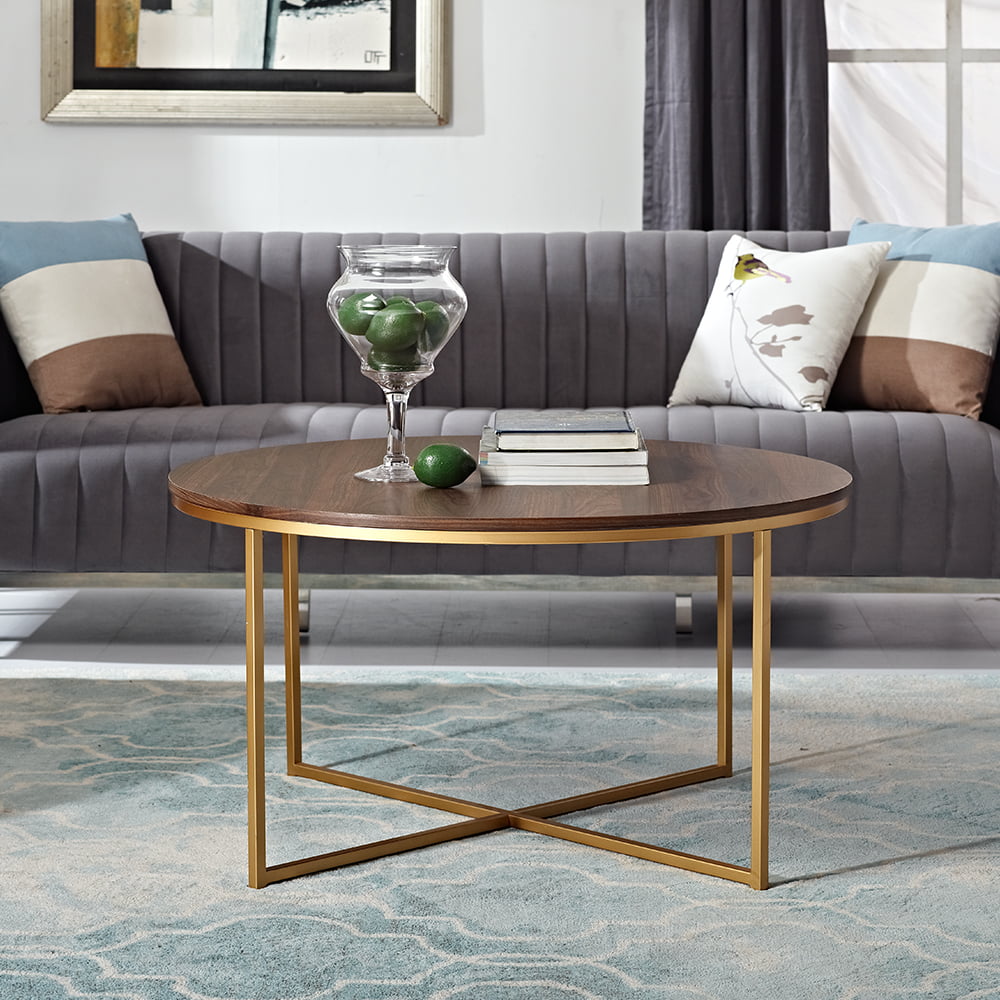 Ember Interiors Modern Round Coffee Table. Dark Walnut/Gold