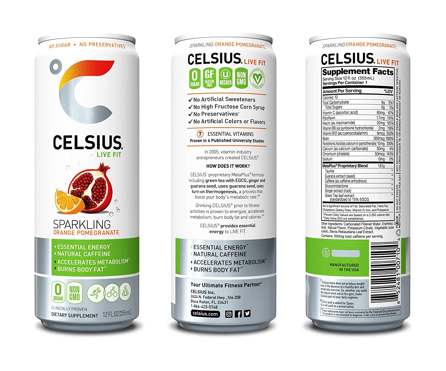 CELSIUS Sweetened with Stevia Sparkling Fitness Drink. Zero Sugar. Slim Can. Orange Pomegranate. 144 Fl Oz (Pack of 12)