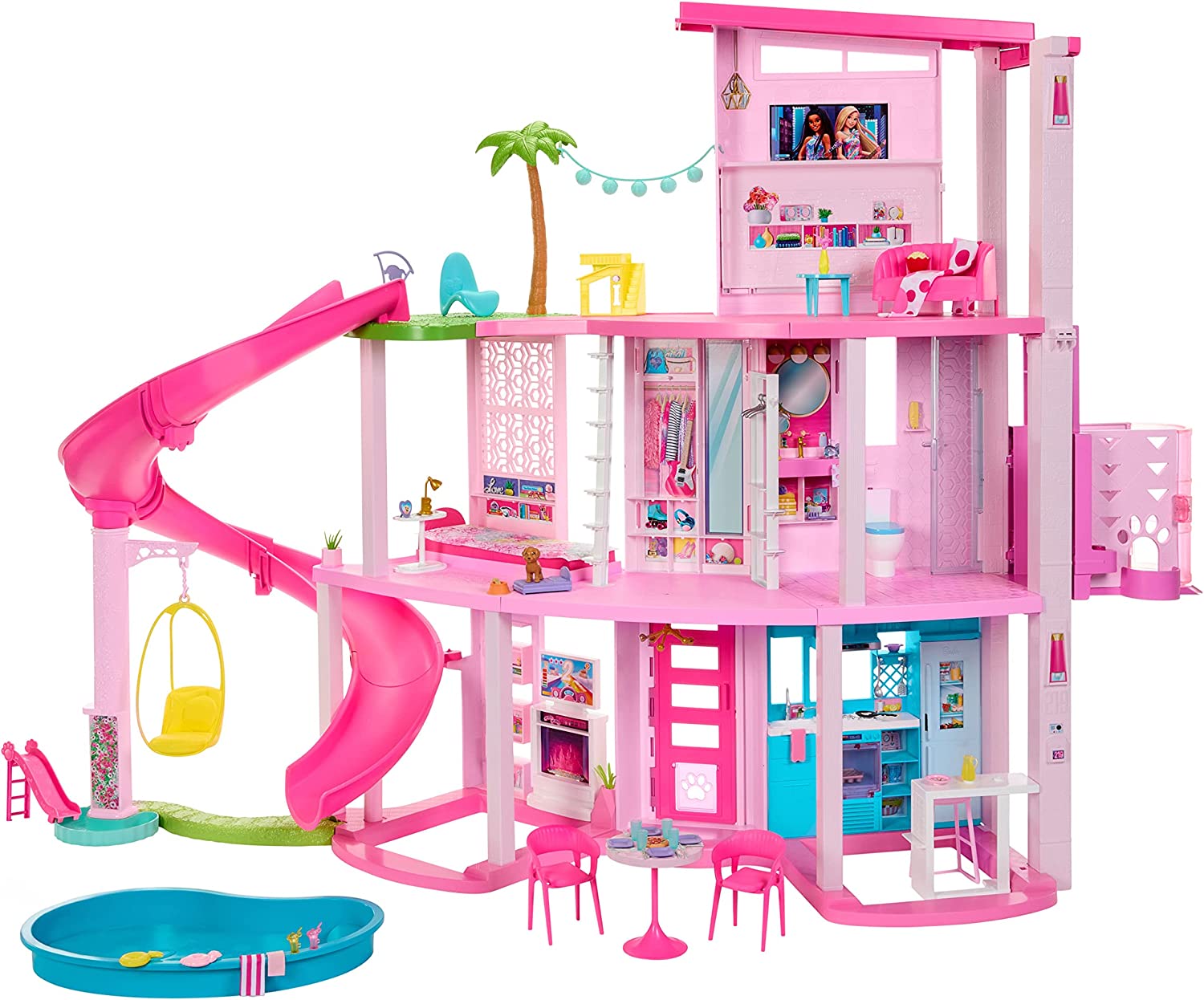New ​Barbie Dreamhouse. Pool Party Doll House with 75+ Pieces and 3-Story Slide. Barbie House Playset. Pet Elevator and Puppy Play Areas​