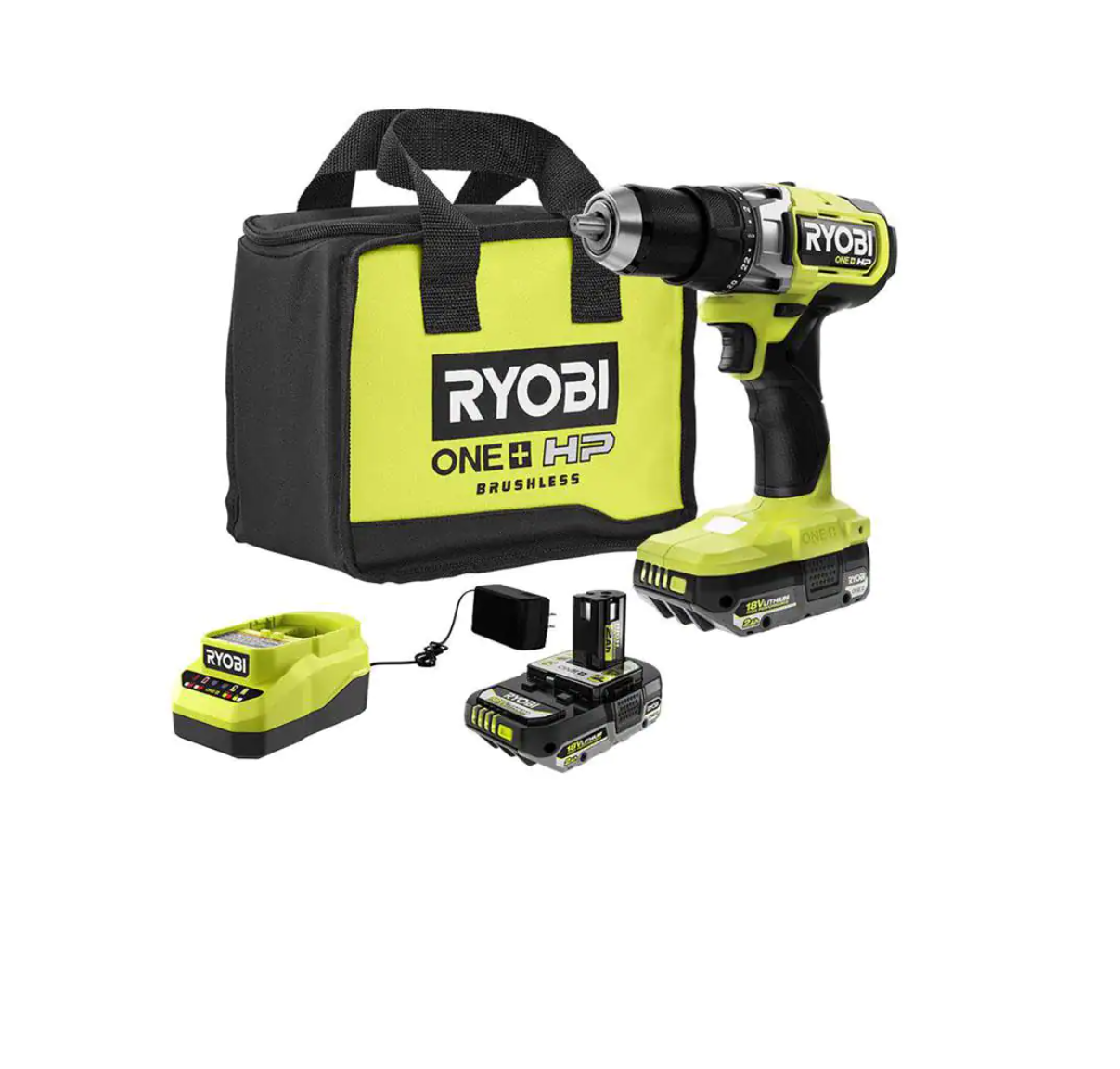RYOBI PBLDD01K-PBP004 ONE+ HP 18V Brushless Cordless 2-Tool Combo Kit with Drill/Driver. Batteries. Charger. and Bag with Extra 4.0 Ah Battery
