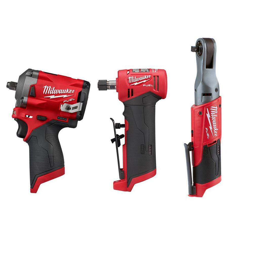 Milwaukee 2554-20-2485-20-2557-20 M12 FUEL 12V Lithium-Ion Brushless Cordless Stubby 3/8 in. Impact Wrench / 3/8 in. Ratchet/Die Grinder (3-Tool)