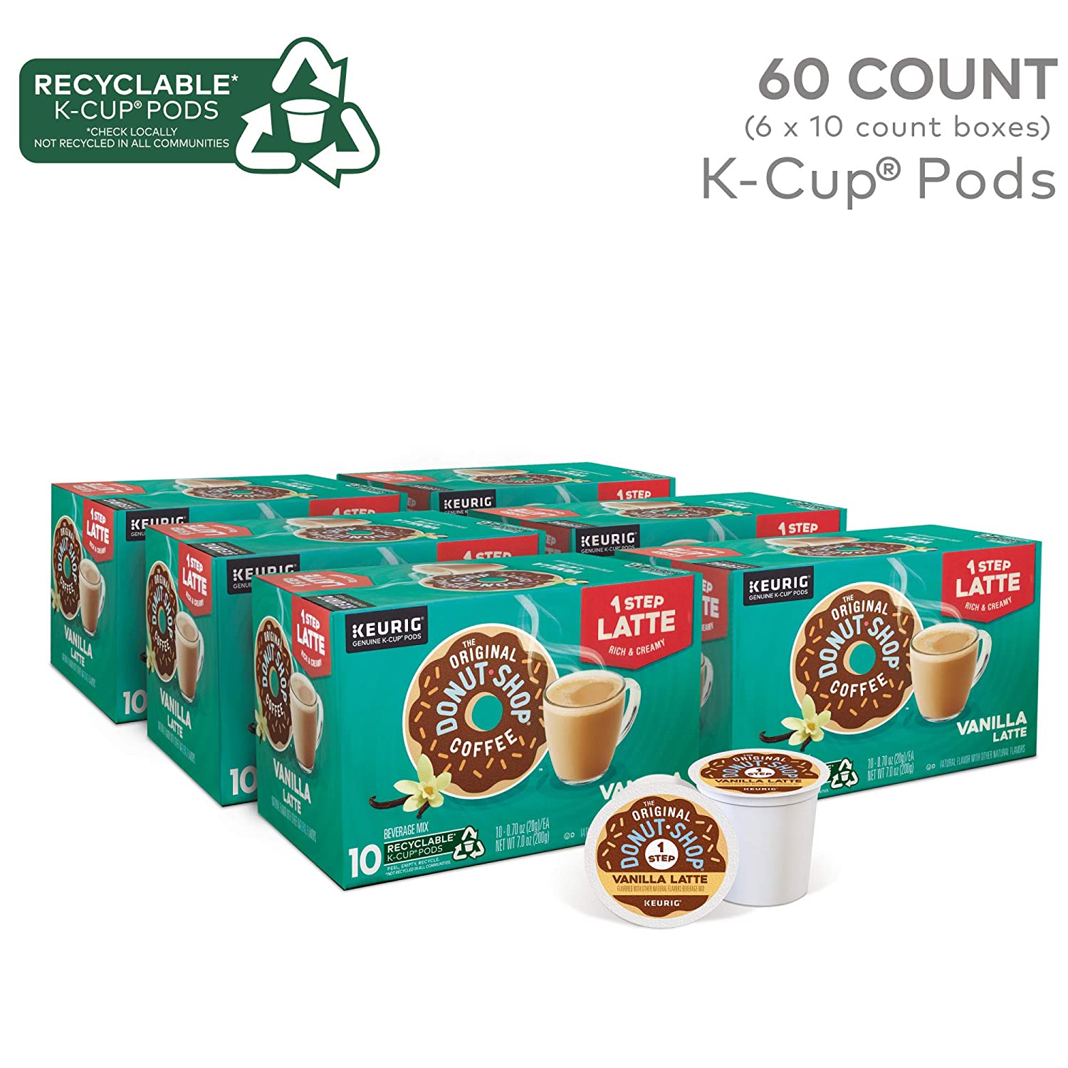 The Original Donut Shop Single-Serve Keurig K-Cup Flavored Coffee Pods. Vanilla Latte. 10 Count (Pack of 6)