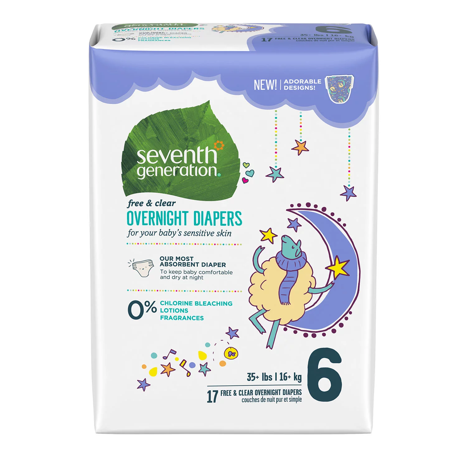 Seventh Generation Free & Clear Overnight Diapers. Size Stage 6 - 17 ct.