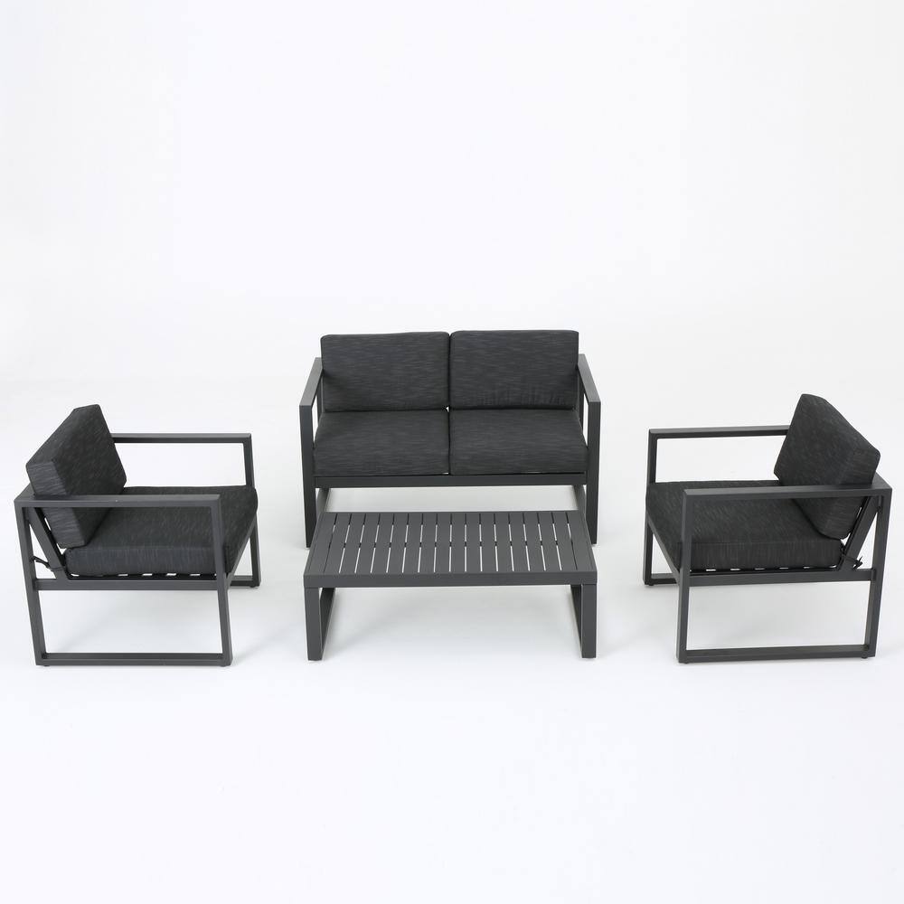 Noble House  Navan Dark Gray 4-Piece Aluminum Patio Conversation Set with Dark gray Cushions