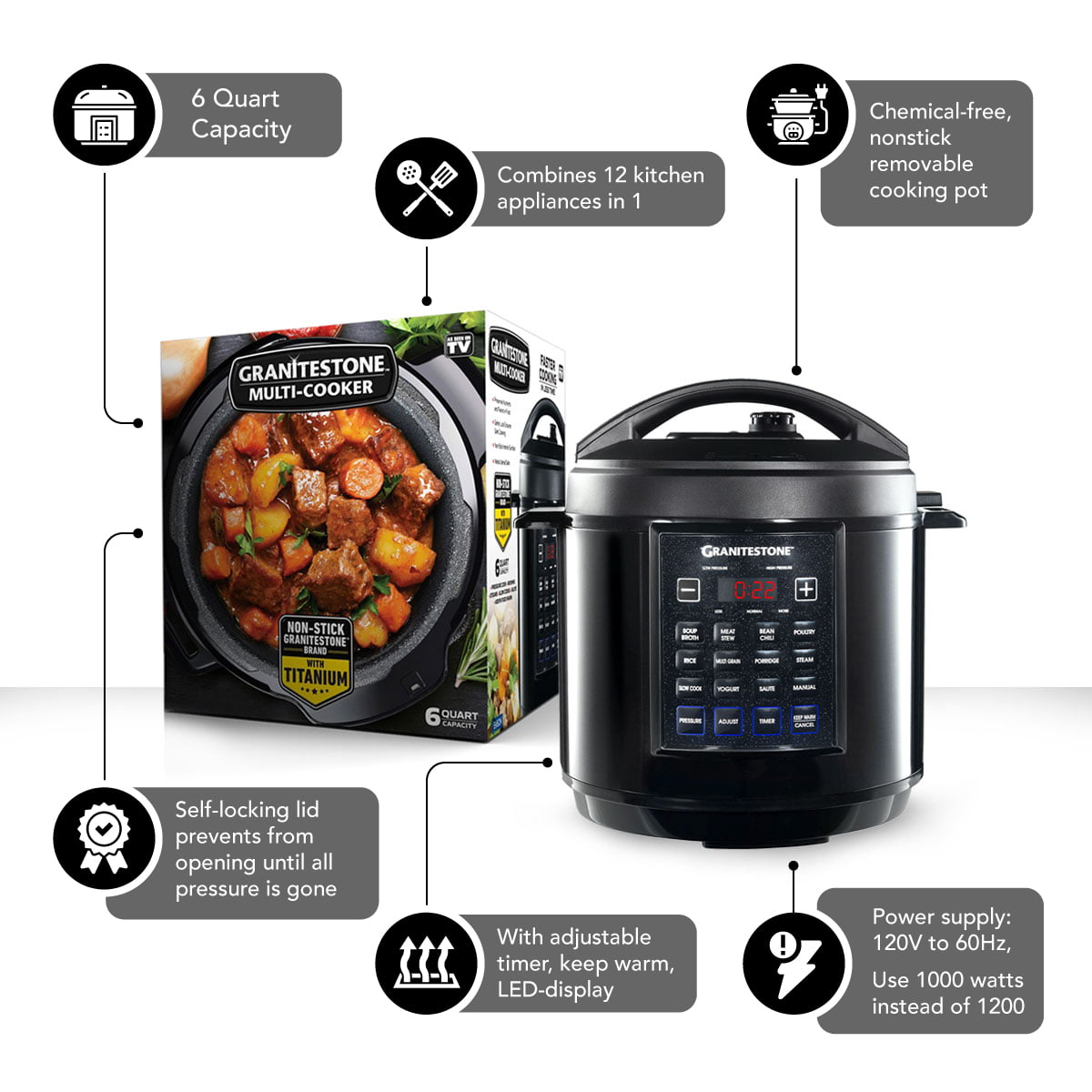 Granite Stone Diamond 12 in 1 Non Stick Multi Cooker. 6 Quart – As Seen on TV!