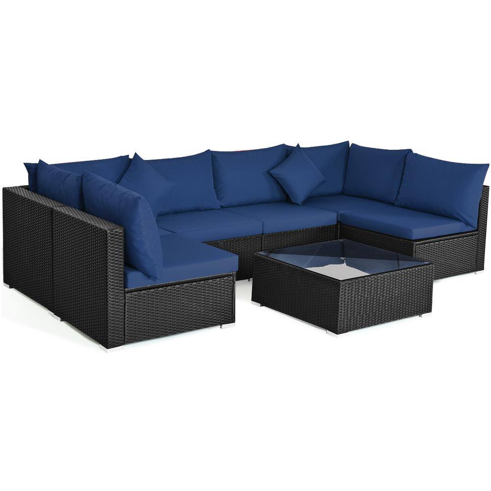 Costway  7-Piece Wicker Outdoor Sectional Set with Cushion Navy