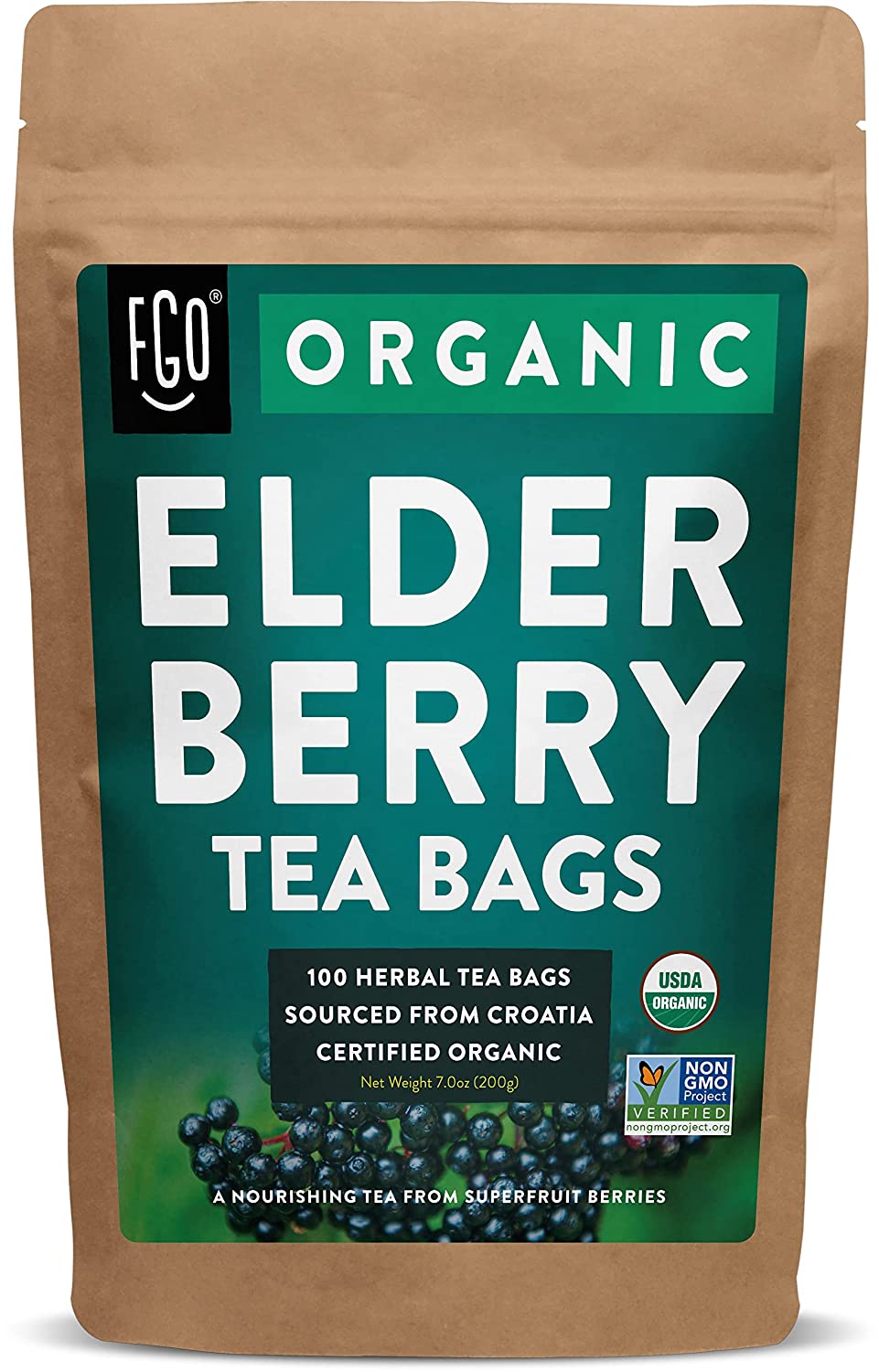 FGO Organic Elderberry Tea Bags 100 Tea Bags Eco-Conscious Tea Bags in Kraft Bag