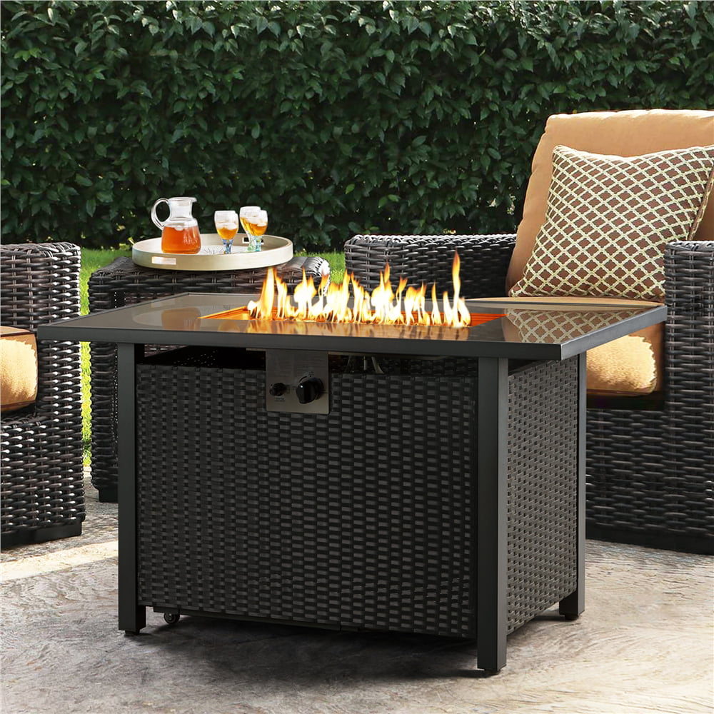 SMILE MART 43″ Gas Propane Fire Pit Table with Tempered Glass Tabletop Rattan Wicker Base for Patio/Courtyard/Garden. Black