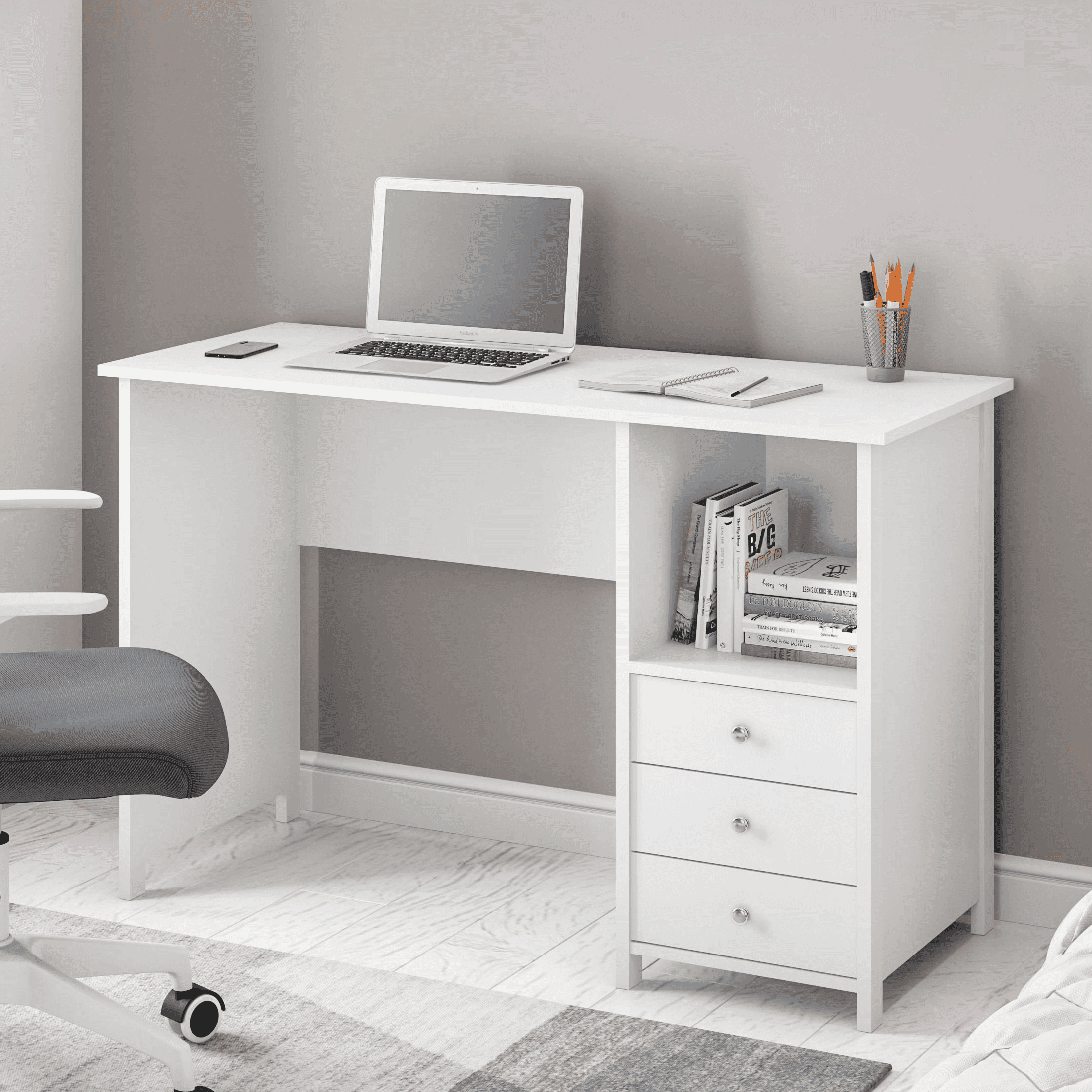Techni Mobili Contemporary Desk with 3 Storage Drawers. White