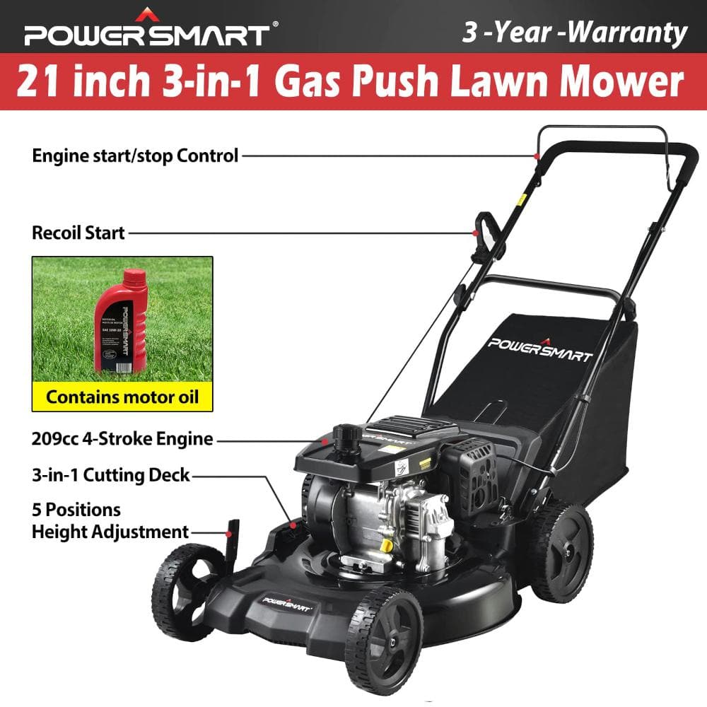 PowerSmart DB8621PH 21 in. 3-in-1 209 cc Gas Push Walk Behind Lawn Mower