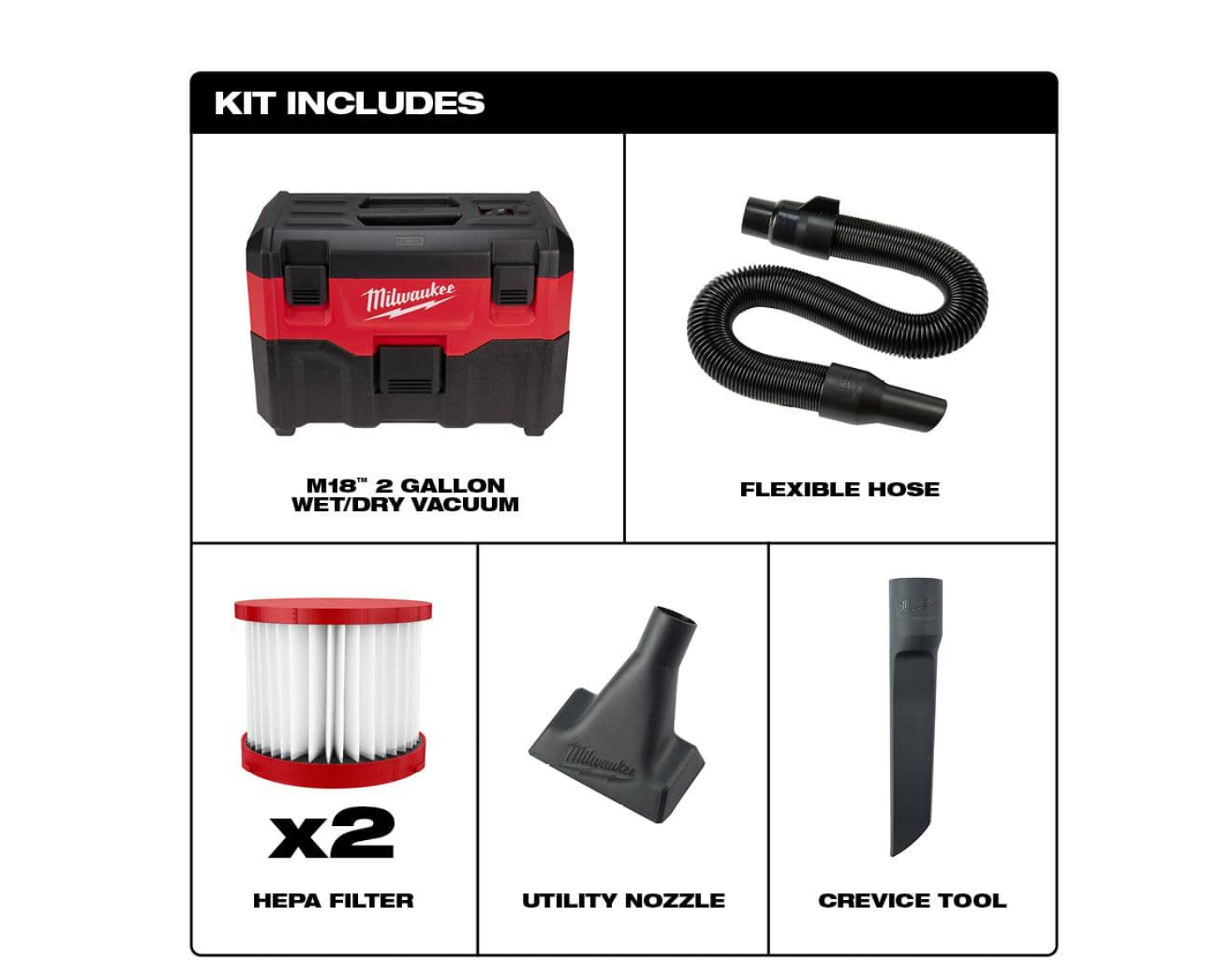 Milwaukee 0880-20-49-90-1900 M18 18-Volt 2 Gal. Lithium-Ion Cordless Wet/Dry Vacuum W/ Extra Wet/Dry HEPA Filter
