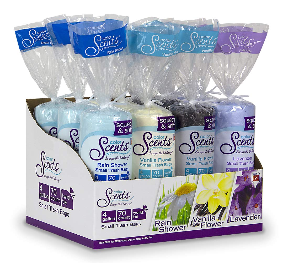 Color Scents Small Trash Bags - 4 Gallon. 840 Total Bags (12 Packs of 70 Count). Twist Tie - Multi-color bags in Calming Collection Scent