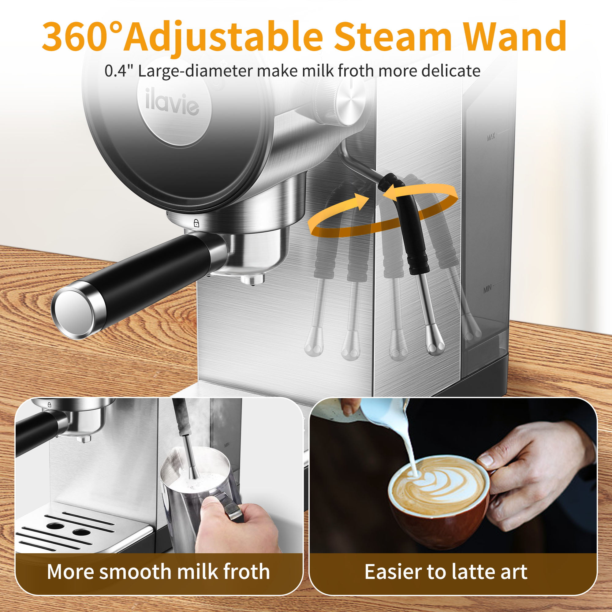 ILAVIE 20 Bar Compact Professional Espresso Coffee Machine. Espresso Maker with Milk Frother Steam Wand for Home Barista. Latte & Cappuccino Maker. Removerable Water Tank. Stainless Steel