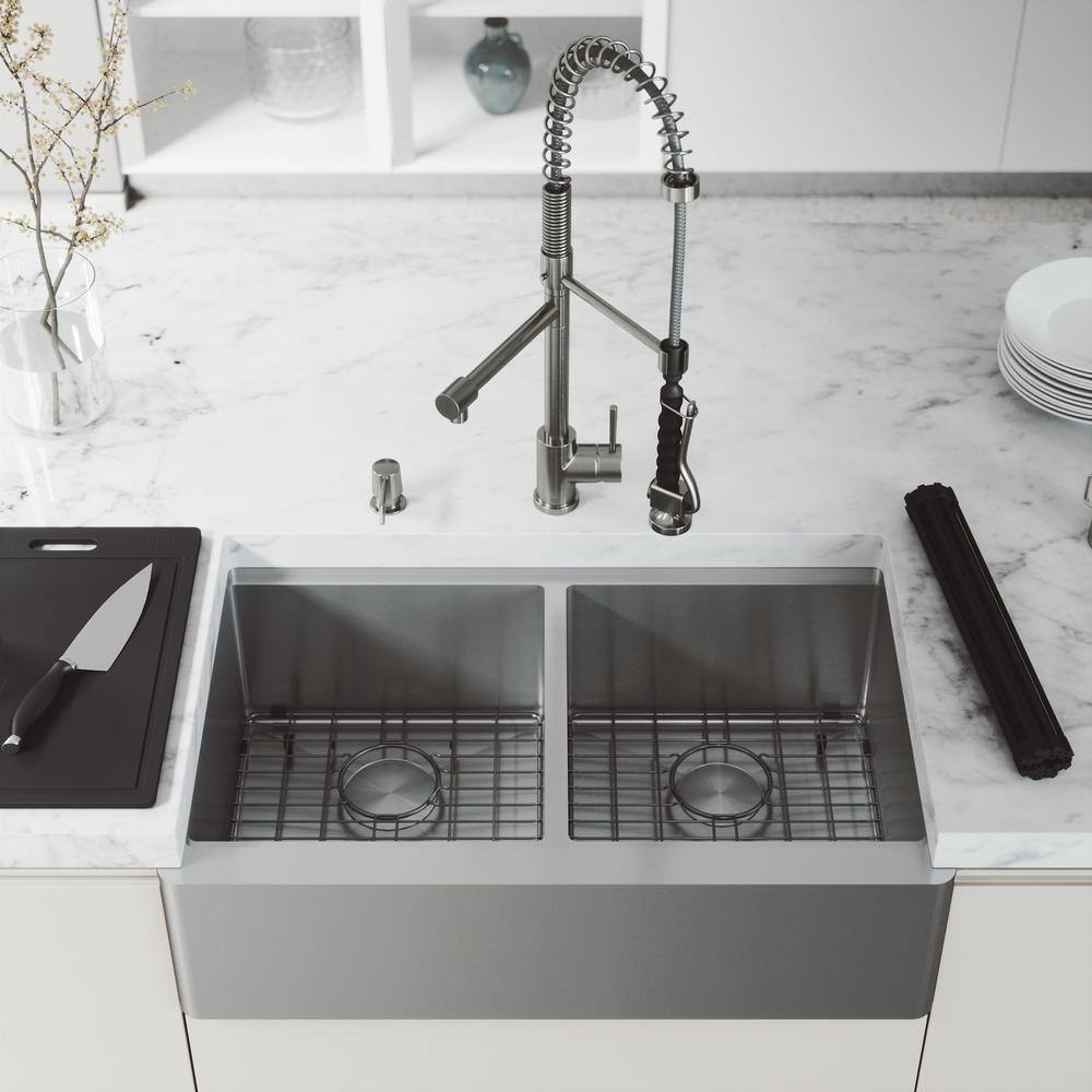 VIGO 1004856790 Oxford 33″ Double Bowl Workstation Undermount Stainless Steel Farmhouse Sink with Ledge and Faucet with Accessories