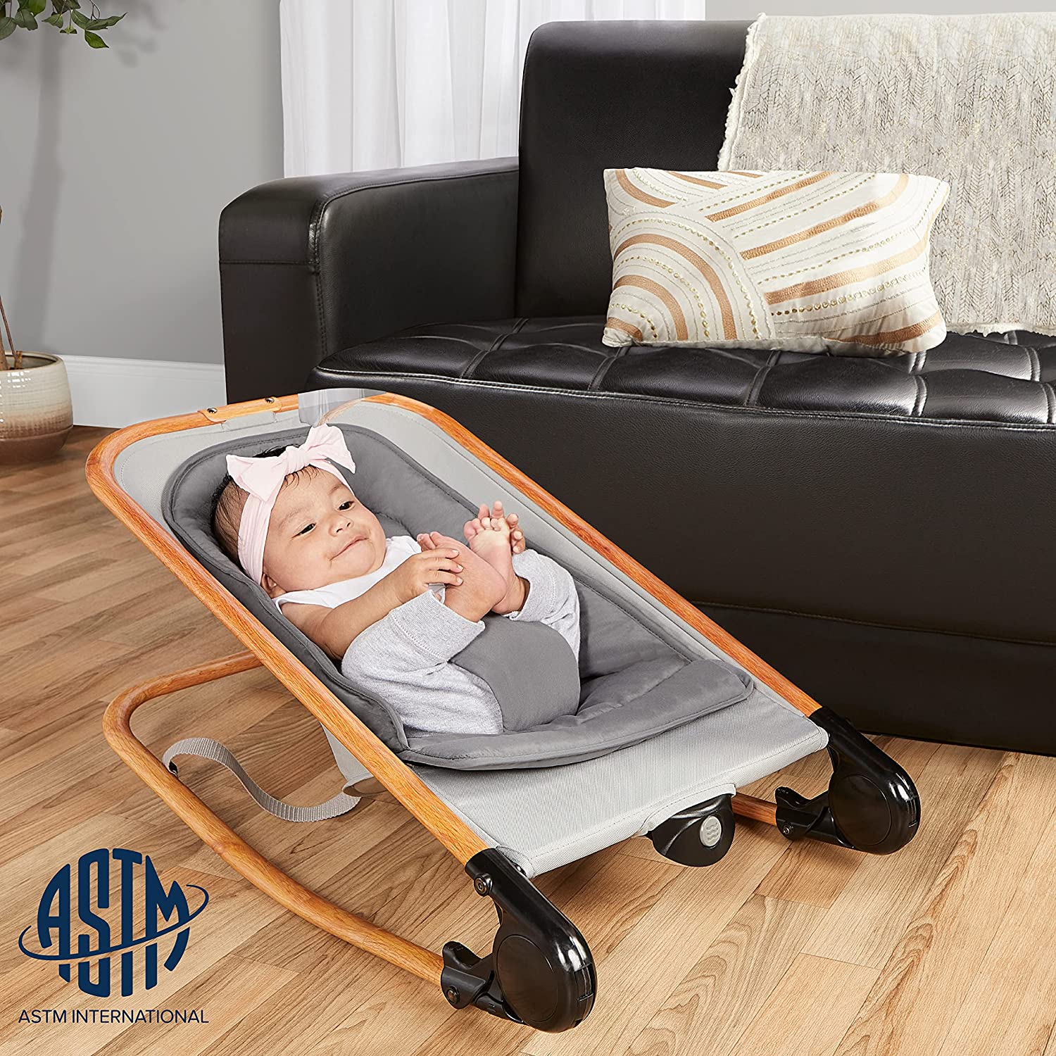 Dream on Me Rock with me 2-in-1 Rocker and Stationary Seat | Compact Portable Infant Rocker with Removable Toys Bar & Hanging Toys in Grey