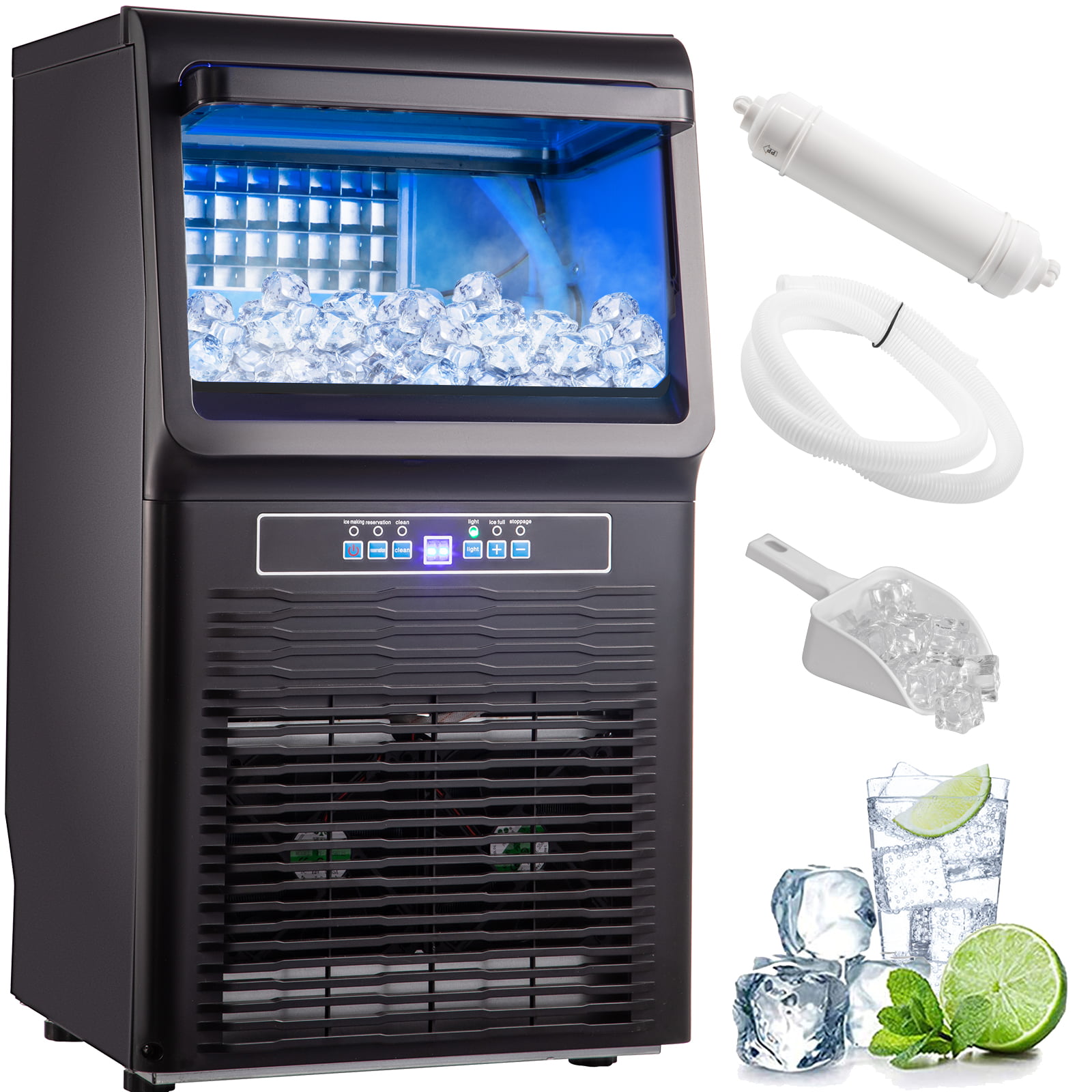 VEVORbrand Commercial Ice Maker 70lbs/24H. 350W Automatic Portable Ice Machine.Countertop Ice Maker with 11lbs Storage. 36Pcs per Tray. Auto Operation. Blue Light. Include Water Filter. Drain Pipe