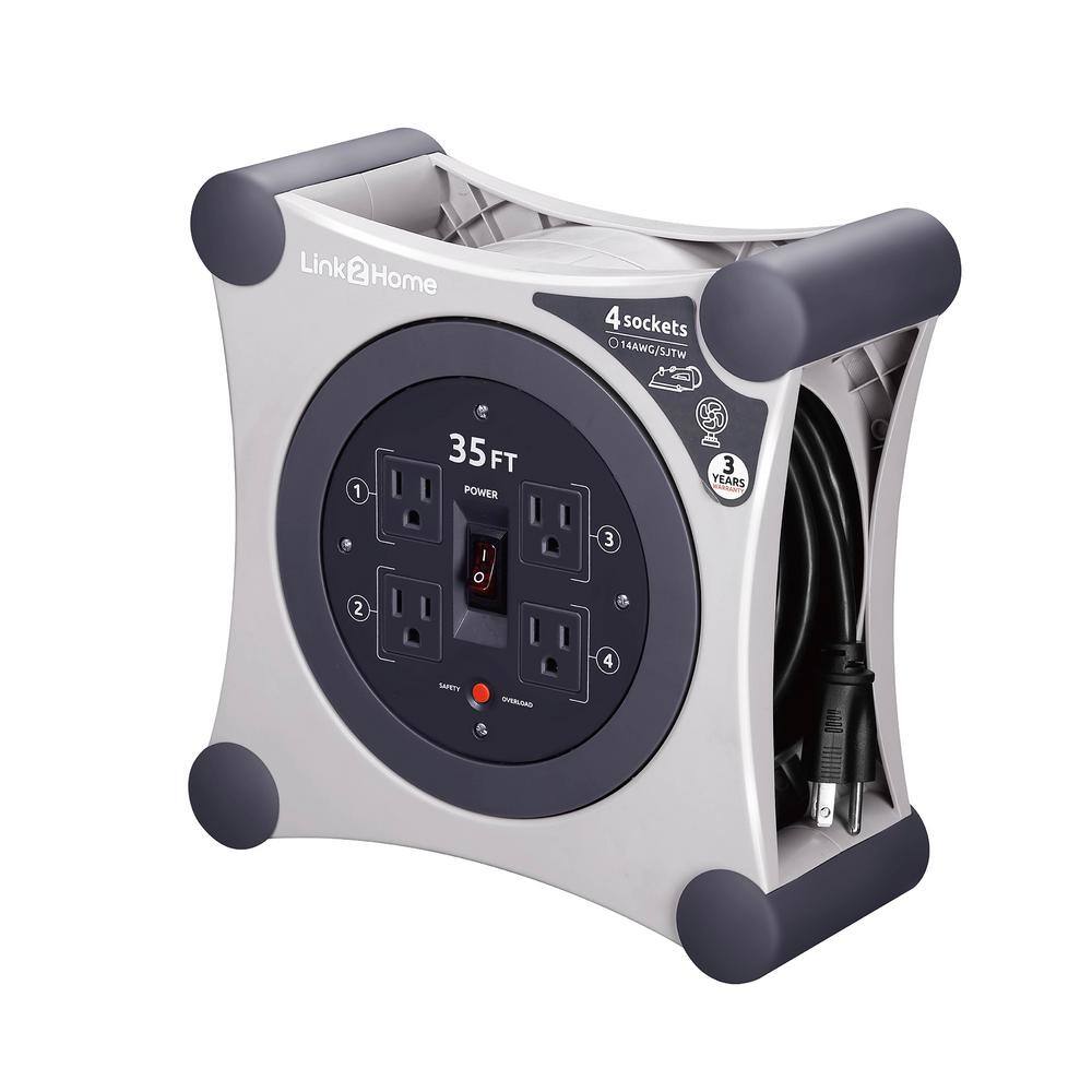 Link2Home EM-EL-350G 35 ft. 14/3 Extension Cord Storage Reel with 4 Grounded Outlets
