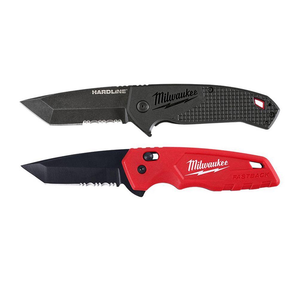 Milwaukee 48-22-1998-48-22-1530 3 in. Hardline D2 Steel Serrated Blade Pocket Folding Knife and FASTBACK Stainless Steel Spring Assisted Folding Knife