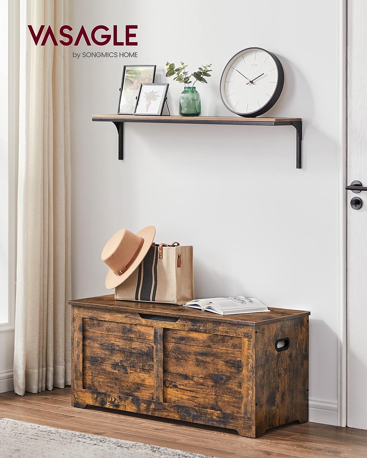 VASAGLE Storage Chest. Storage Trunk with 2 Safety Hinges. Storage Bench. Shoe Bench. Rustic Style. 15.7 x 39.4 x 18.1 Inches. for Entryway. Bedroom. Living Room. Rustic Brown ULSB061T01